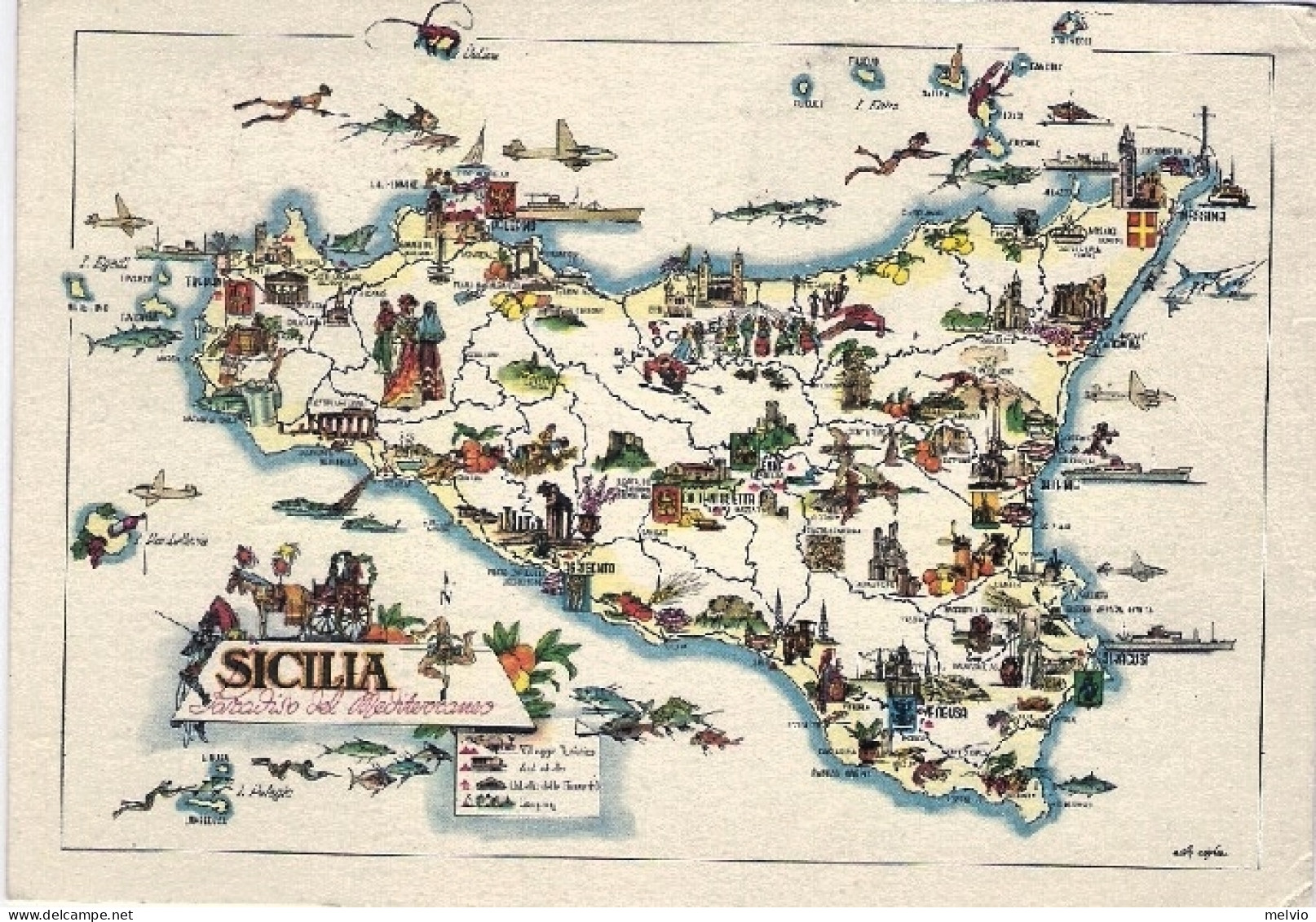 1959-cartolina Sicilia Paradiso Del Mediterraneo Affrancata L.15 Byron Isolato - Landkaarten