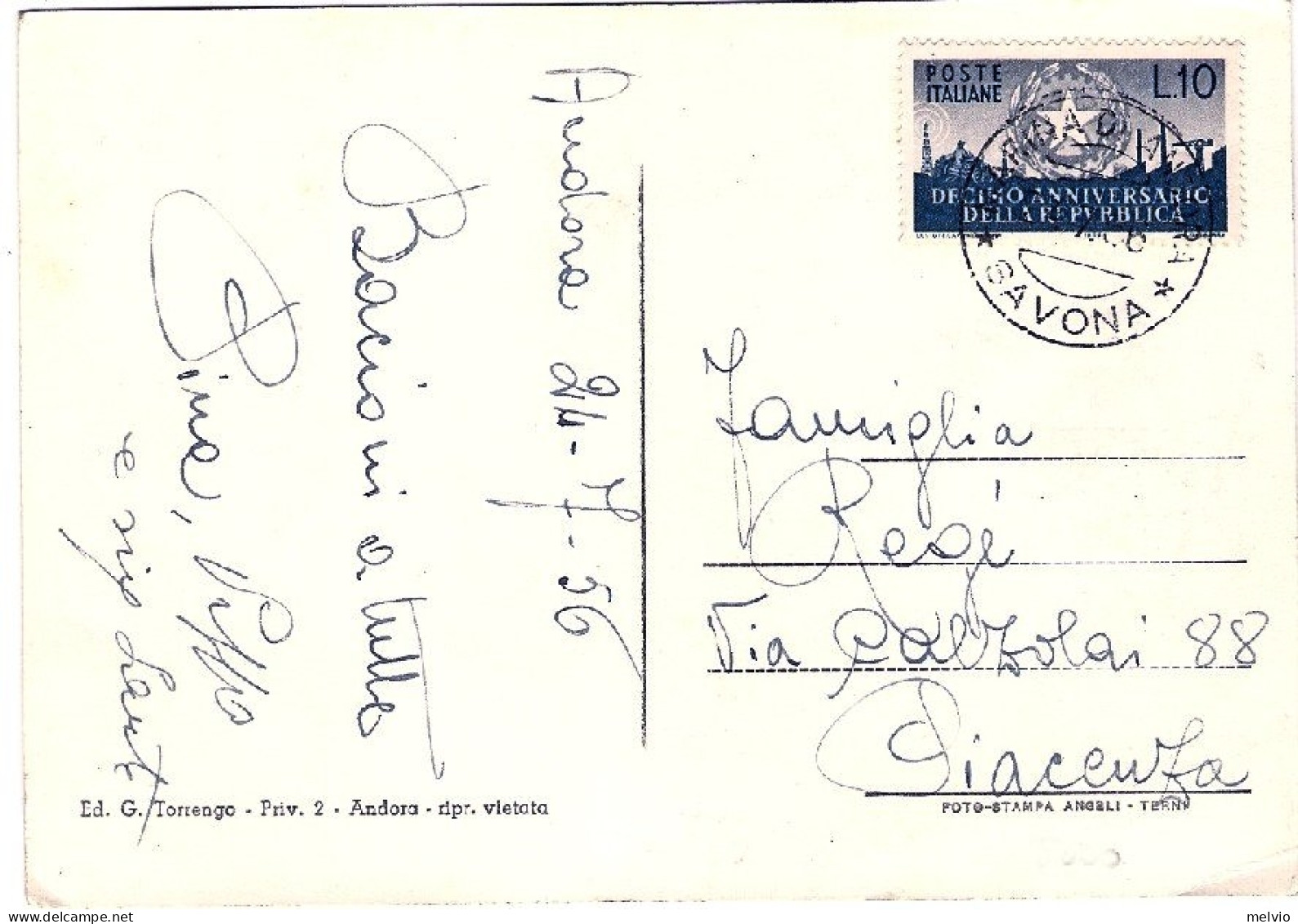 1956-cartolina Saluti Da Andora Affrancata L.10 Decimo Anniversario Della Repubb - Savona