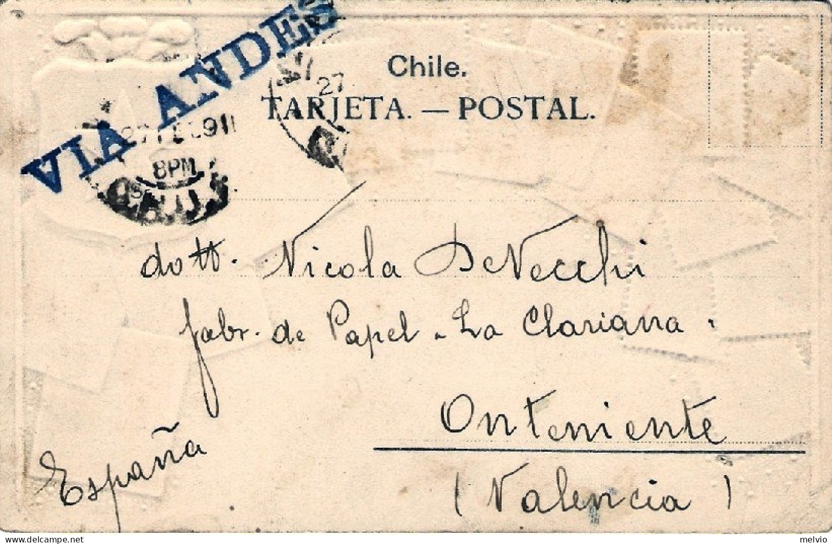 1904-Cile Cartolina Con Facsimile Di Francobolli Cileni In Rilievo Diretta In Sp - Chili