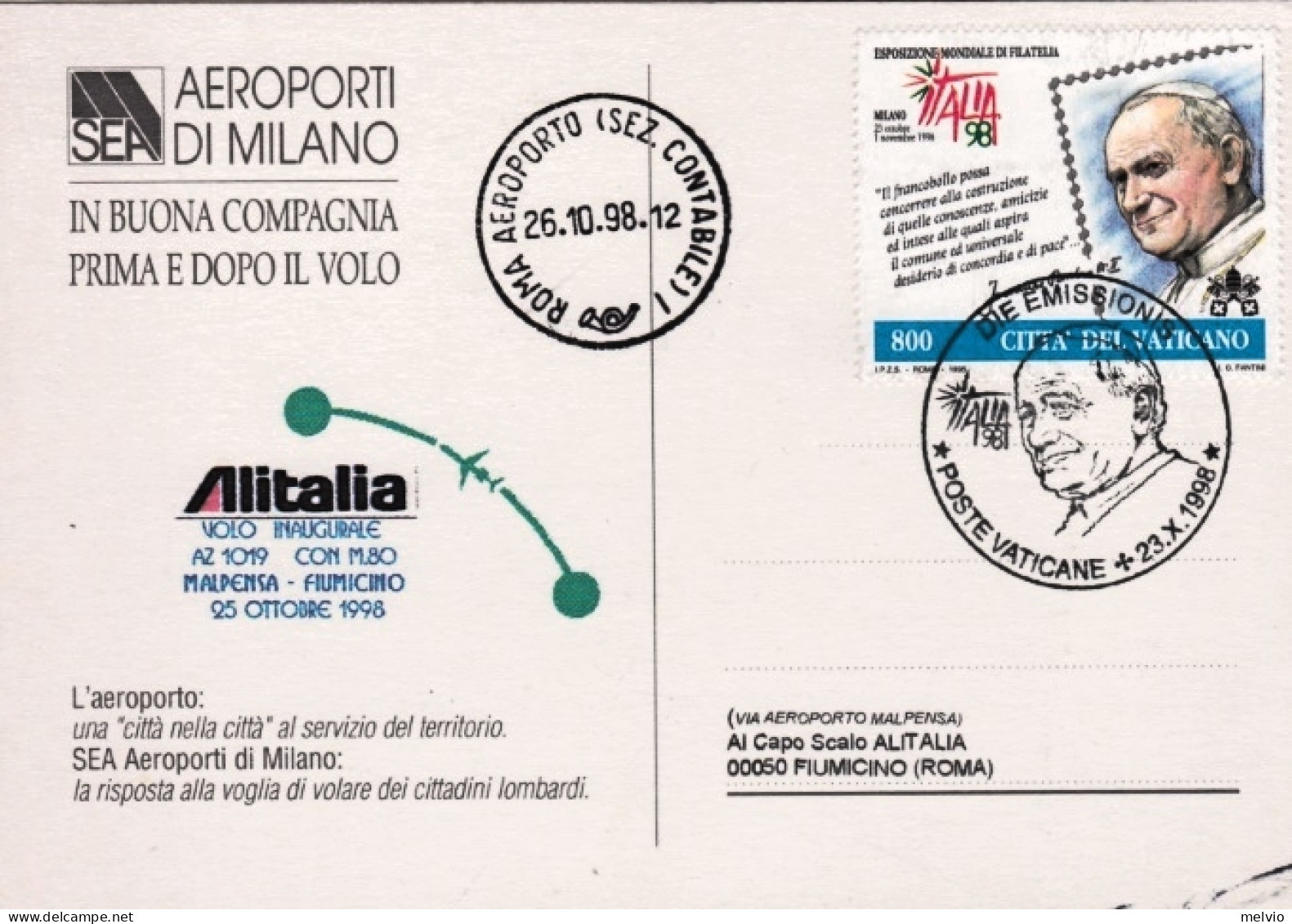 Vaticano-1998 I^volo Alitalia AZ1019 Malpensa Fiumicino Del 25 Ottobre - Aéreo