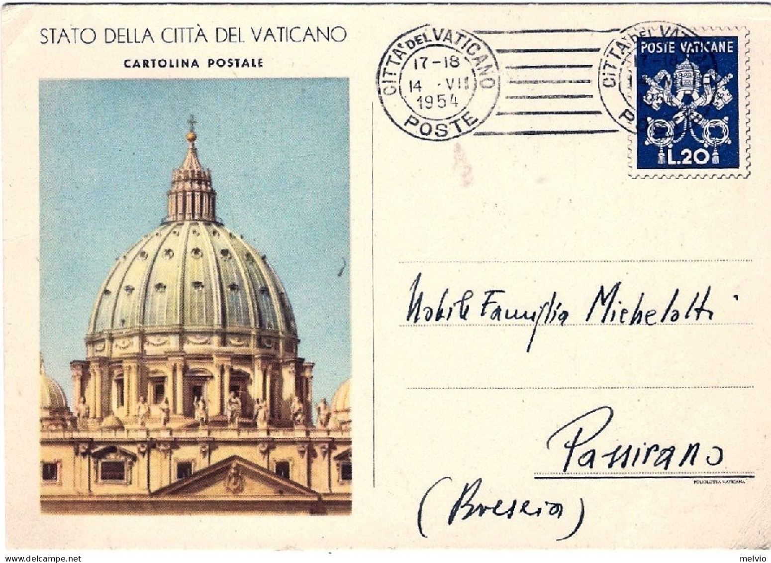 1954-Vaticano Intero Postale L.20 Vedute Cartoncino Spesso Cat.Filagrano Euro 30 - Otros & Sin Clasificación