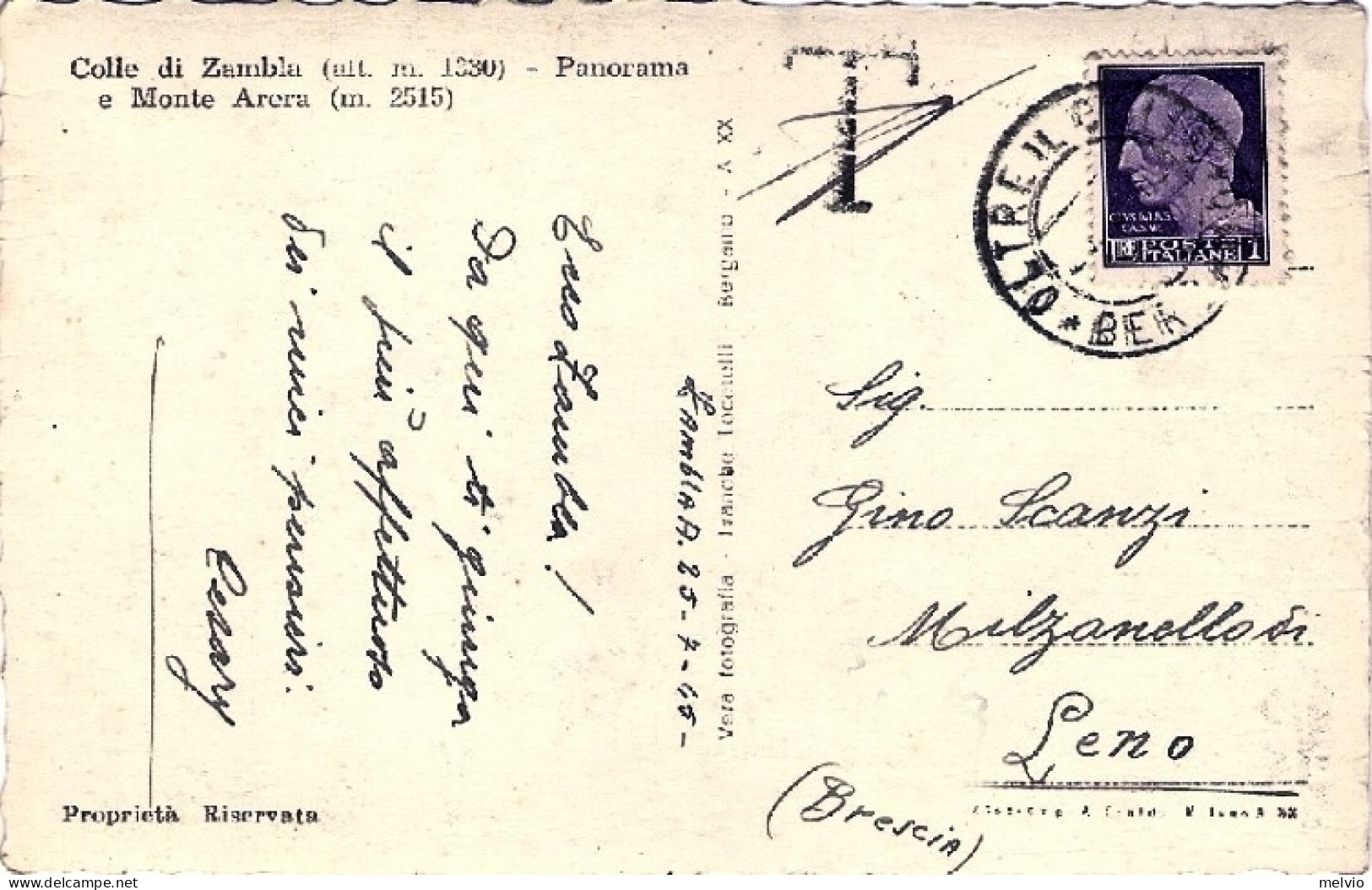1945-cartolina Foto Colle Di Zambla Bergamo E Monte Arera Affrancata Imperiale S - Bergamo