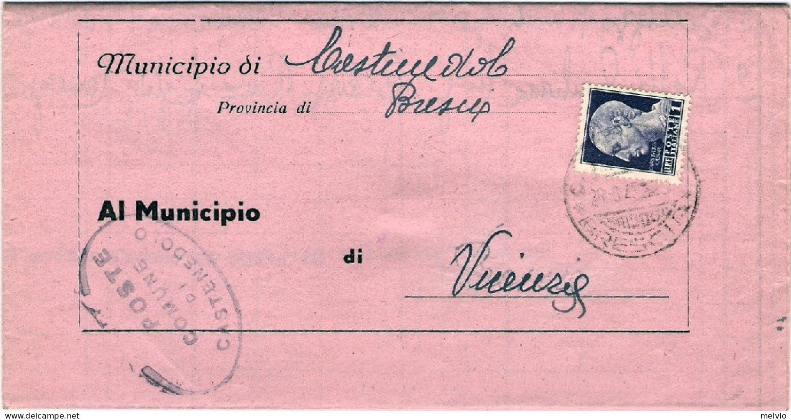 1945-piego Municipale Affrancato Imperiale Senza Fasci L.1 Rispedizione Affranca - Machines à Affranchir (EMA)