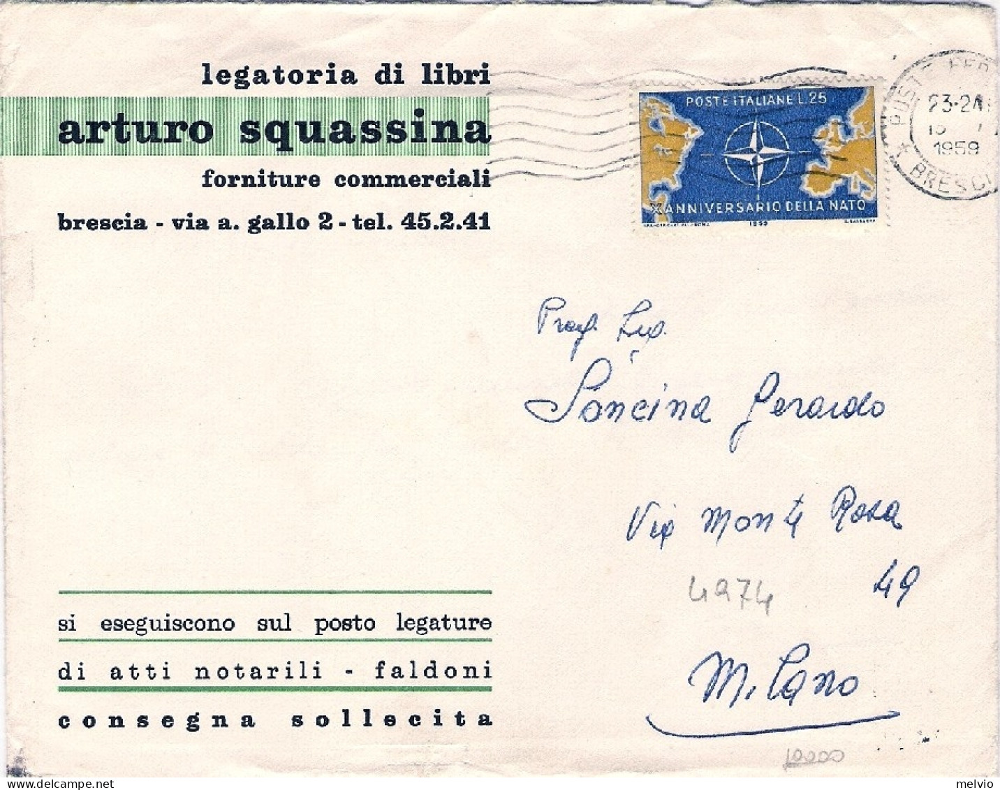 1959-busta Con Intestazione Commerciale Affrancata L.25 Nato Isolato - 1946-60: Marcophilie