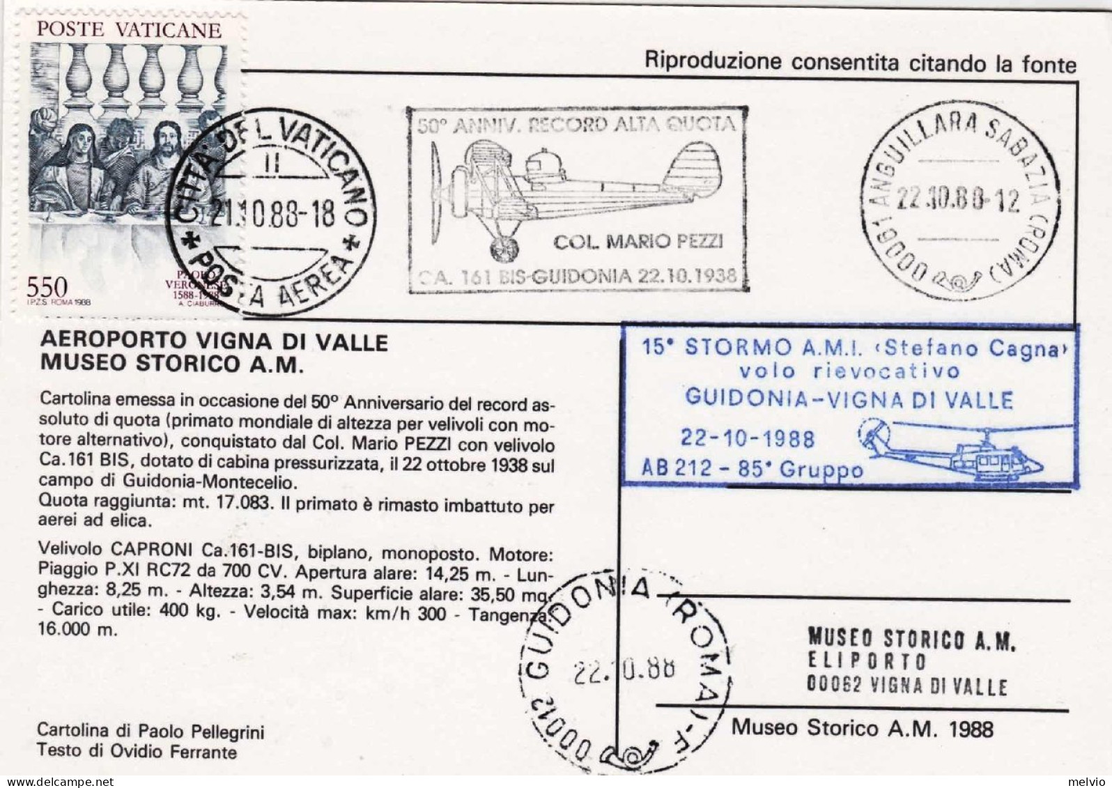 Vaticano-1988 15 Stormo Volo Rievocativo Guidonia Vigna Di Valle Del 22 Ottobre  - Luftpost