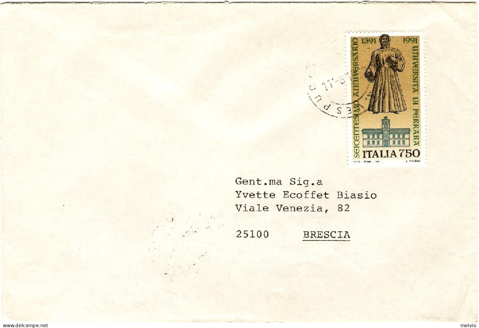 1993-annullo Nave Vespucci Poste Italiane Su Busta Affrancata Con L.750 Universi - 1991-00: Poststempel