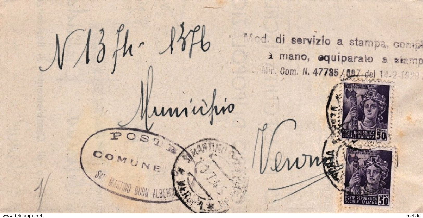 1945-modulo Di Servizio A Stampa Affrancato Due 50c. Monumenti Distrutti Annullo - Storia Postale