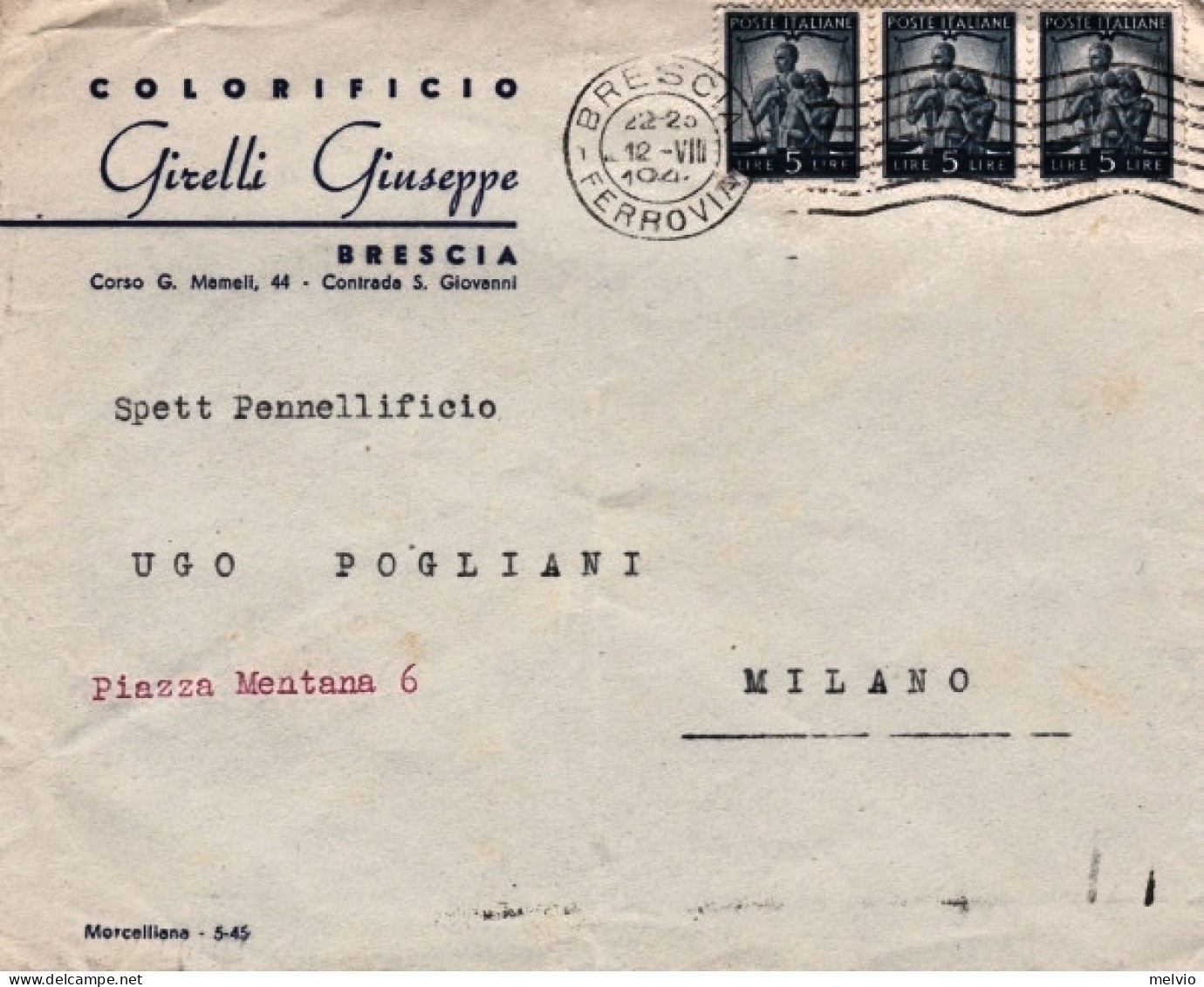 1946-busta Commerciale Colorificio Giuseppe Girelli Brescia Affrancata Striscia  - 1946-60: Marcophilie