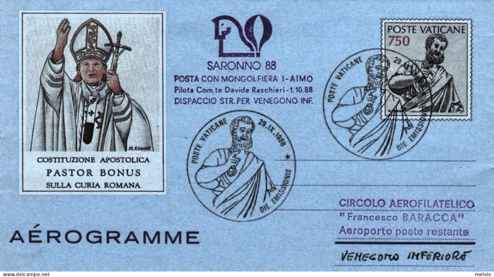 Vaticano-1988  Dispaccio Volo Straordinario Venegono Inferiore Posta Con Mongolf - Poste Aérienne