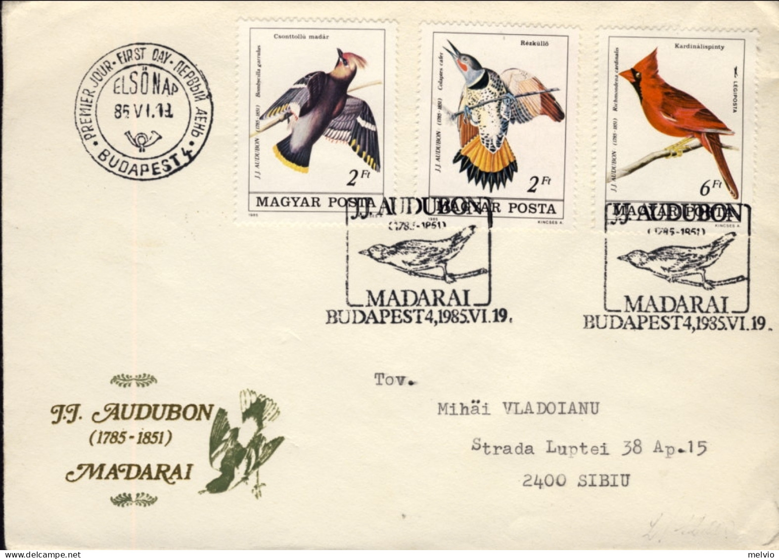 1985-Ungheria S.6v. Uccelli Su Due Fdc Illustrate Ornitologo J.J. Audubon Madara - FDC