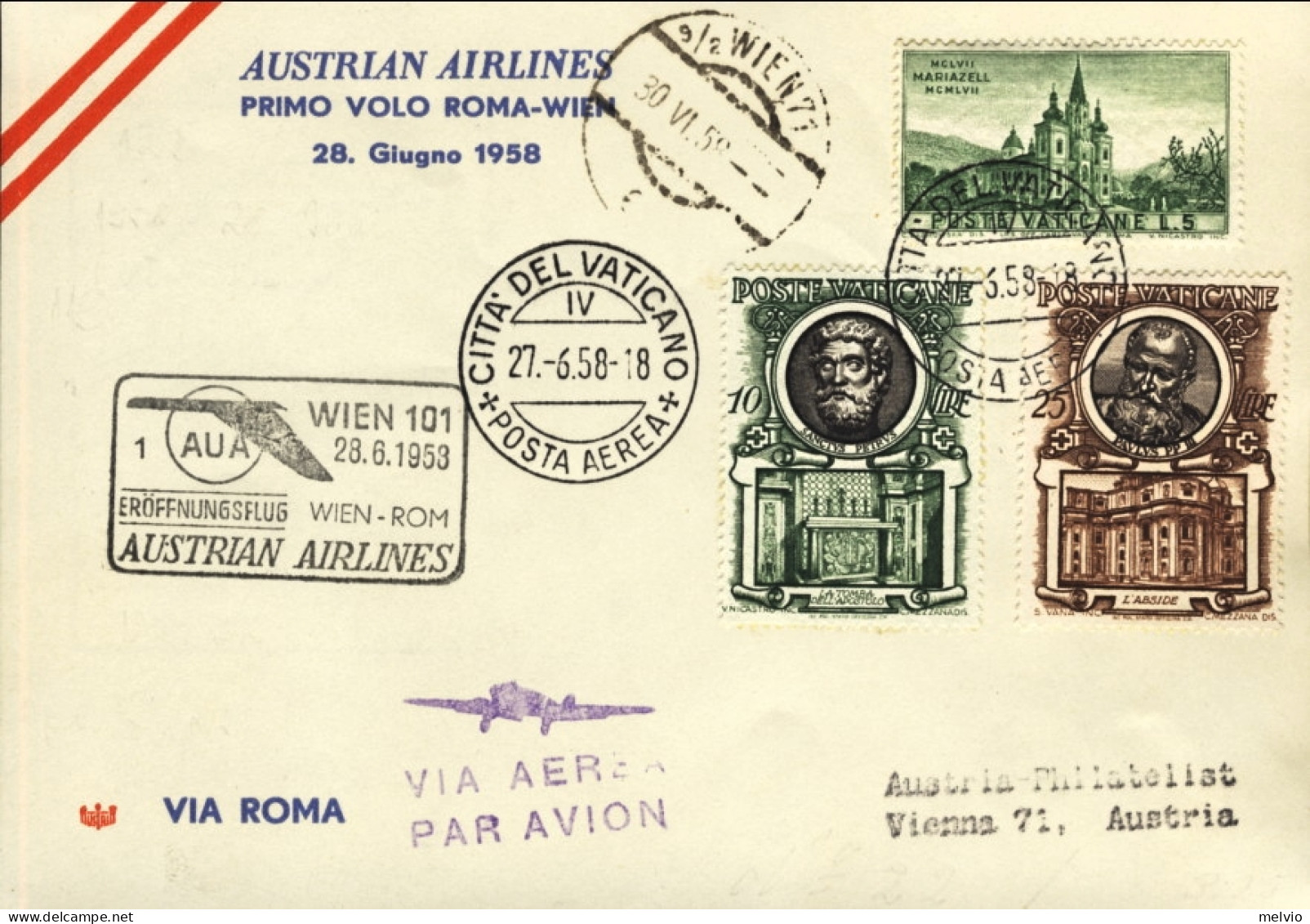 Vaticano-1958 Cat.Pellegrini N.866 Euro 85, I^volo AUA Roma-Vienna Tre Valori Su - Luftpost