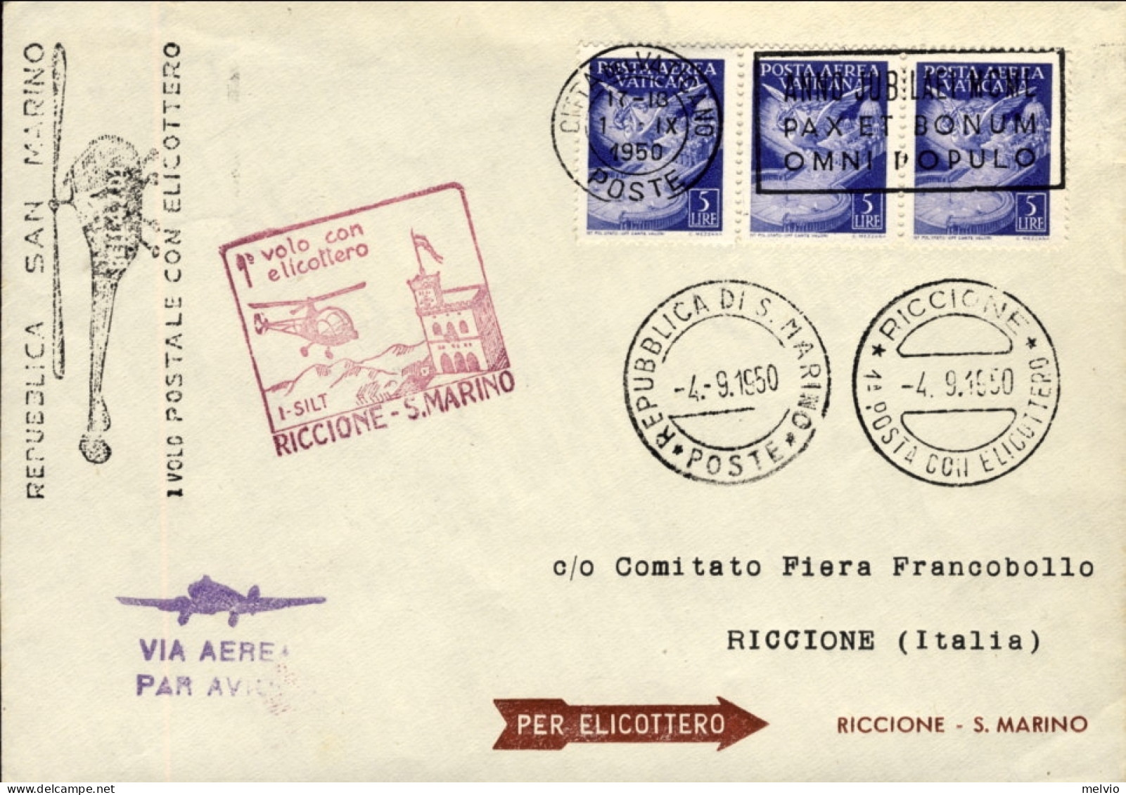 Vaticano-1950 I^volo Postale Con Elicottero Riccione Del 4 Settembre Per La ^ Fi - Poste Aérienne