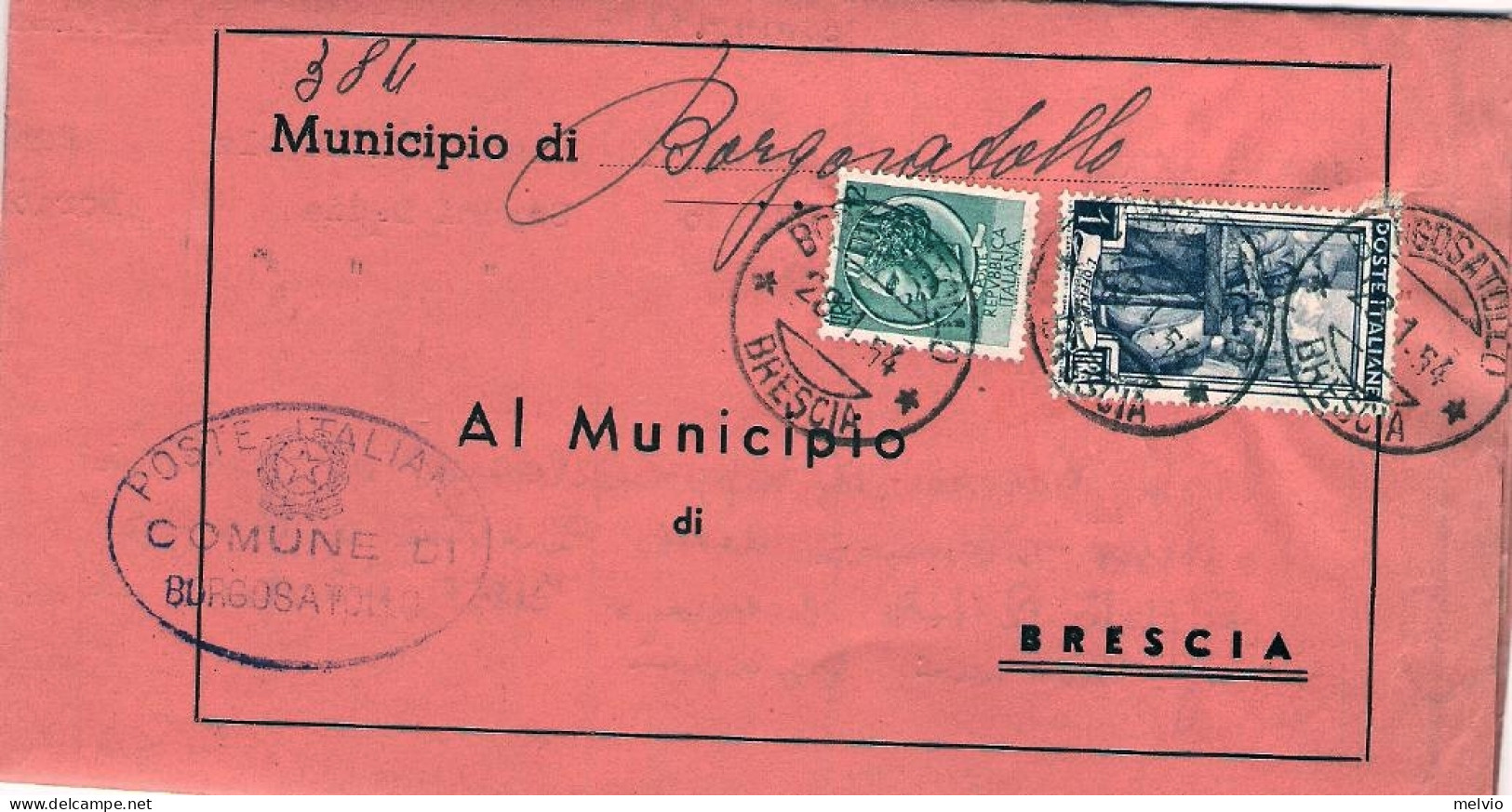 1954-piego Comunale Affrancato L.12 Siracusana + L.1 Italia Al Lavoro Annullo Di - 1946-60: Marcophilie