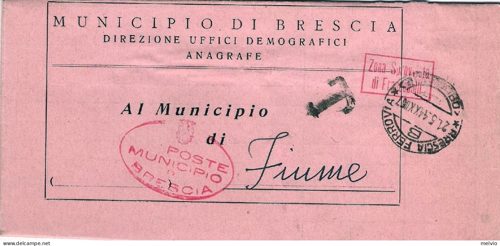 1944-RSI Piego Comunale Spedito Da Brescia Con Bollo Rosso Zona Sprovvista Di Fr - Maschinenstempel (EMA)