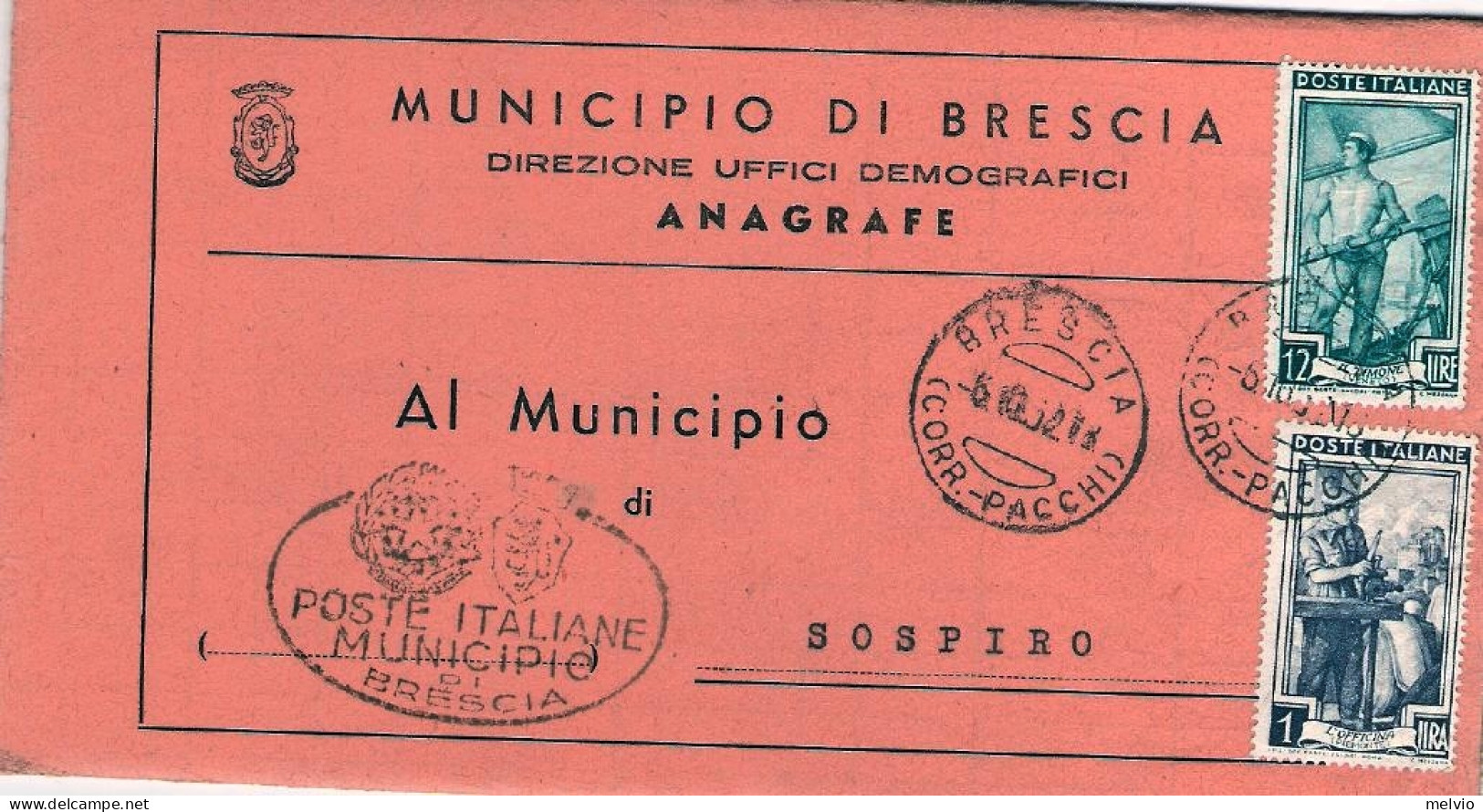 1952-piego Comunale Affrancato L.1+L.12 Italia Al Lavoro Con Rispedizione Da Sos - 1946-60: Marcophilie