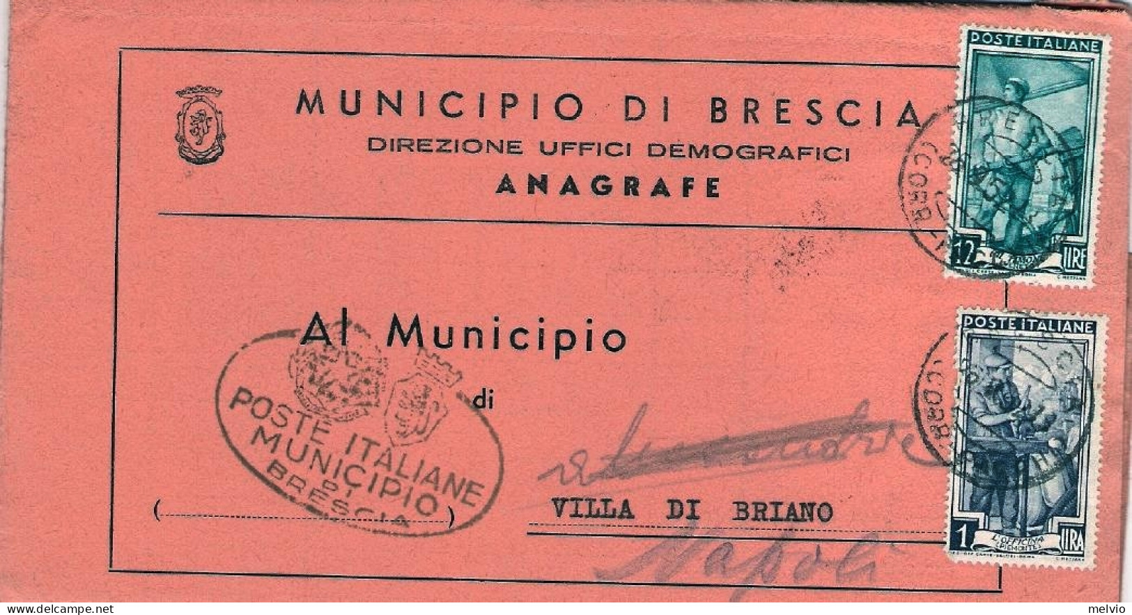 1952-piego Comunale Affrancato L.1+L.12 Italia Al Lavoro Con Rispedizione Da Vil - 1946-60: Marcophilie