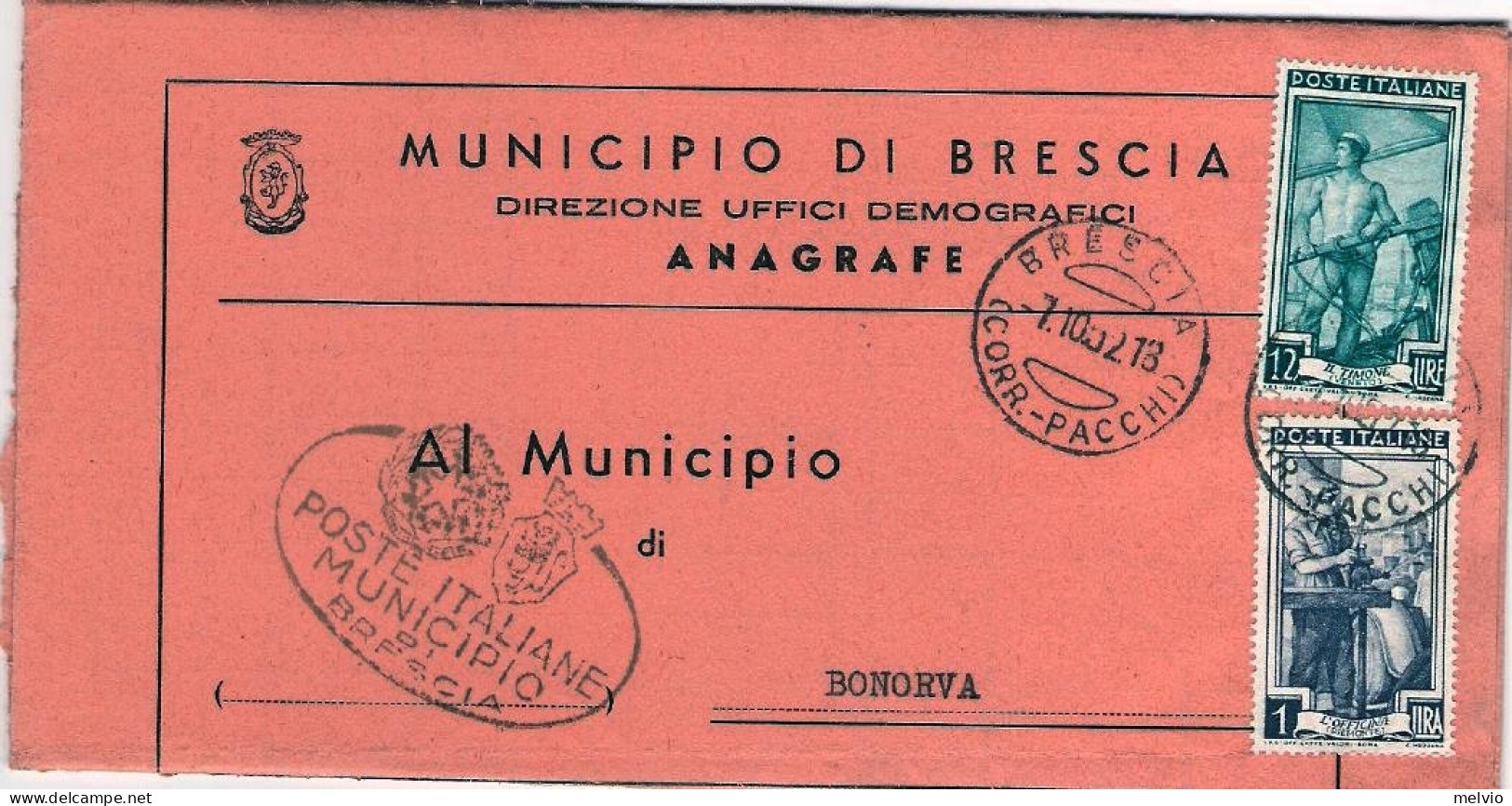 1952-piego Comunale Affrancato L.1+L.12 Italia Al Lavoro Con Rispedizione Da Bon - 1946-60: Marcophilie