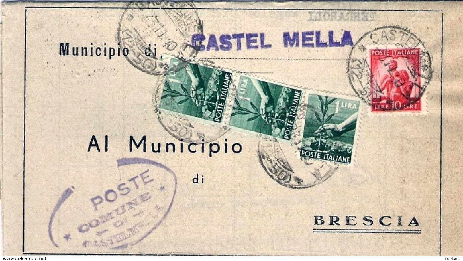 1949-piego Comunale Affrancato Singolo+coppia L.1 Democratica Annullo Castel Mel - 1946-60: Marcophilie