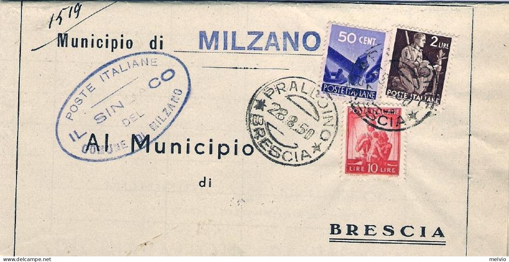 1950-piego Municipale Affrancato 50c.+L.2+L.10 Democratica Annullo Praollino Bre - 1946-60: Marcophilie