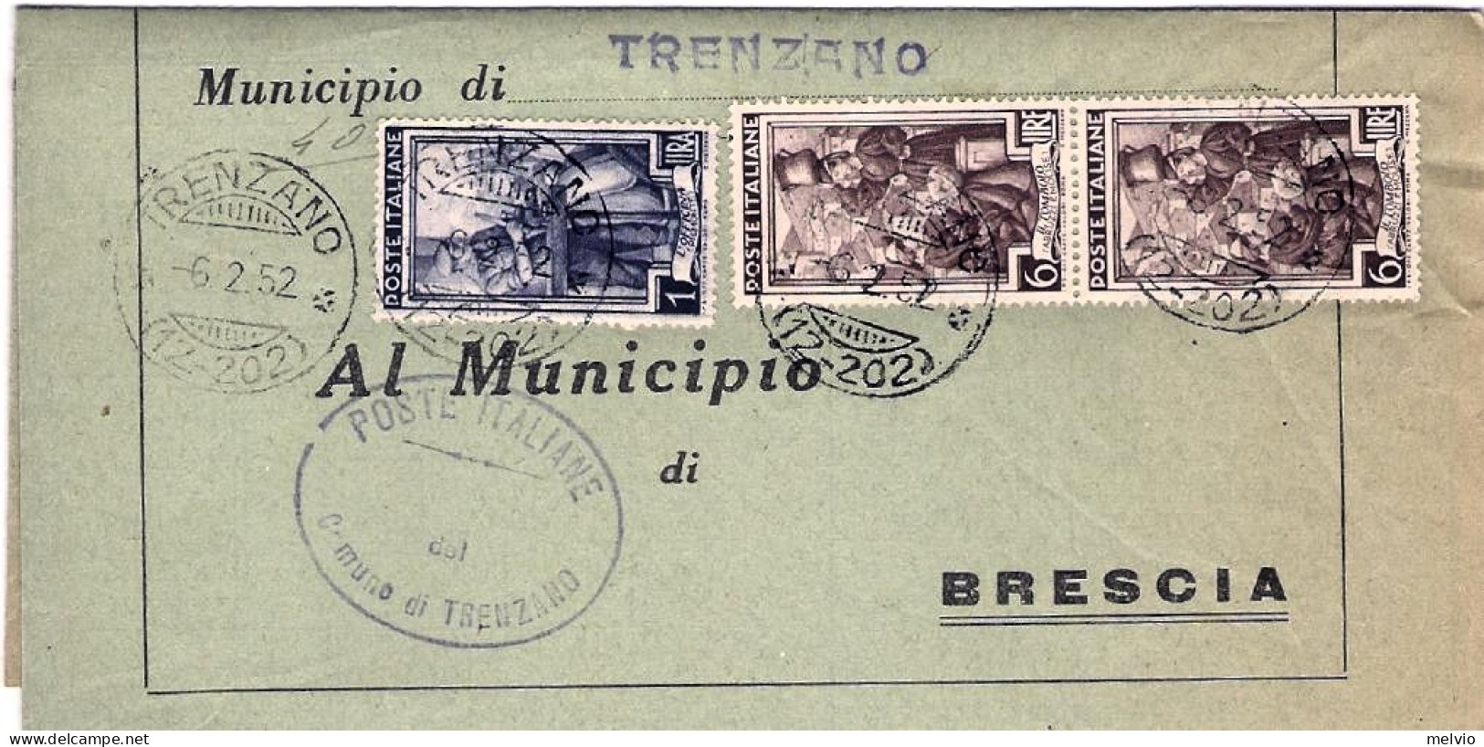 1952-piego Municipale Affrancato In Spedizione L.15 Italia Al Lavoro Isolato Ed  - 1946-60: Marcophilie