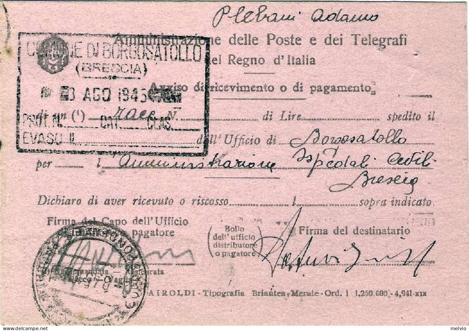 1945-avviso Di Ricevimento Affrancato L.2 Imperiale Senza Fasci Emissione Di Rom - Storia Postale