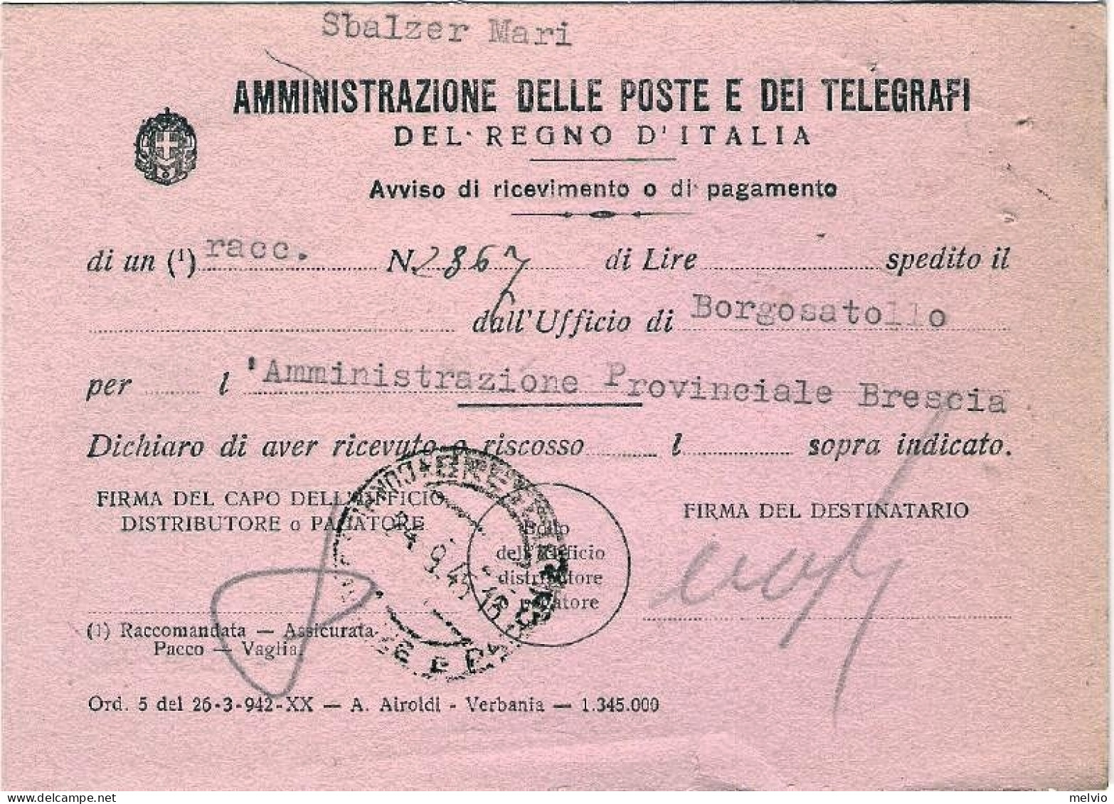 1945-avviso Di Ricevimento Affrancato Coppia L.1 Imperiale Senza Fasci - Marcophilie