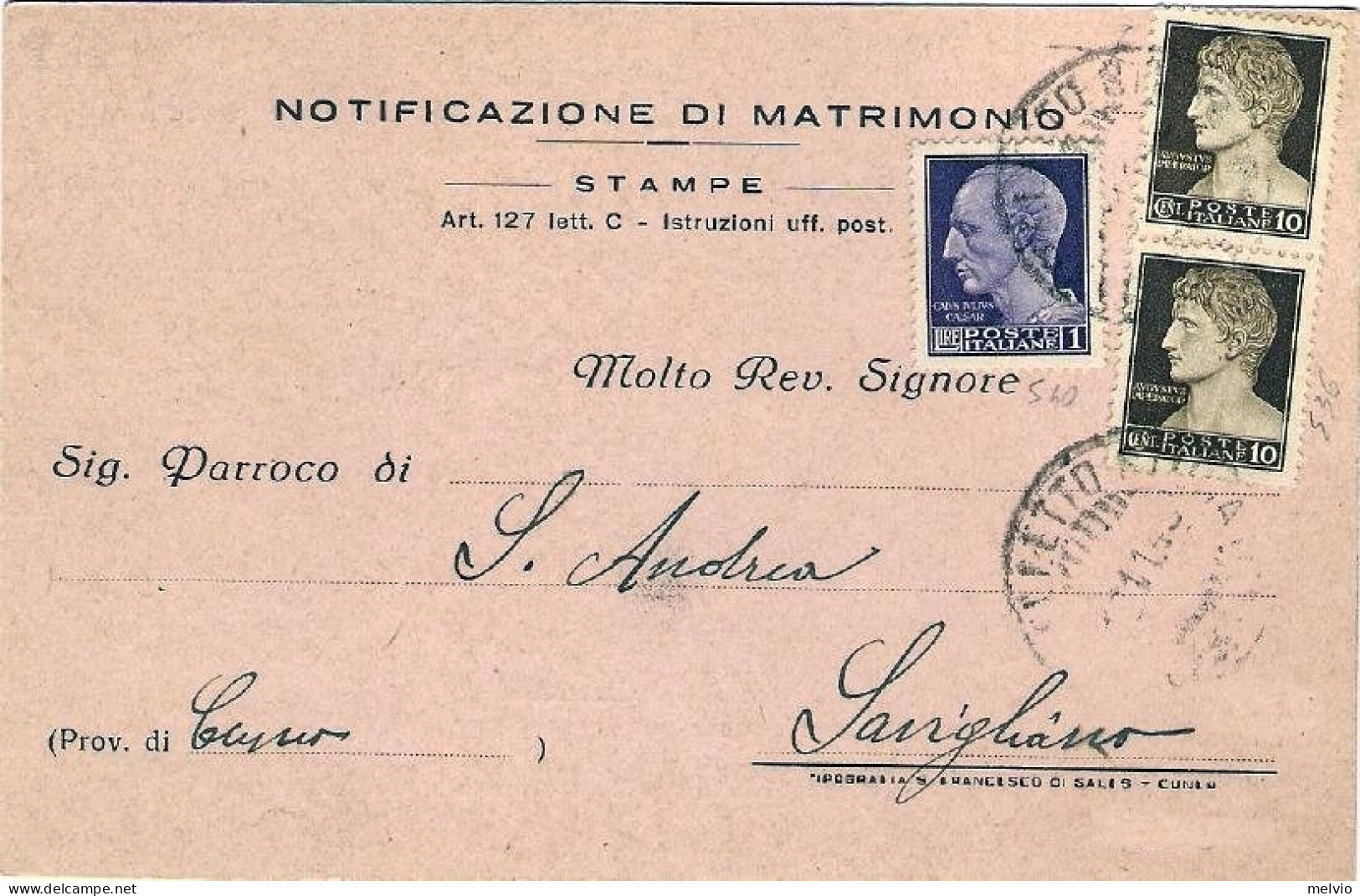 1945-cartolina Notificazione Di Matrimonio Affrancata Coppia 10c.+L.1 Imperiale  - Storia Postale