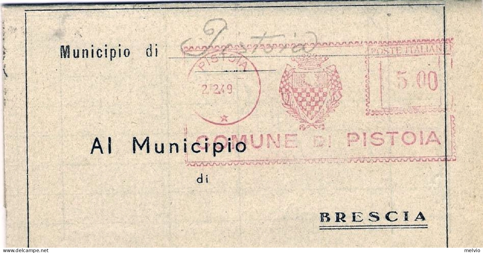 1949-piego Comunale In Partenza Da Brescia Con Affrancatura L.10 Arancio Democra - Máquinas Franqueo (EMA)