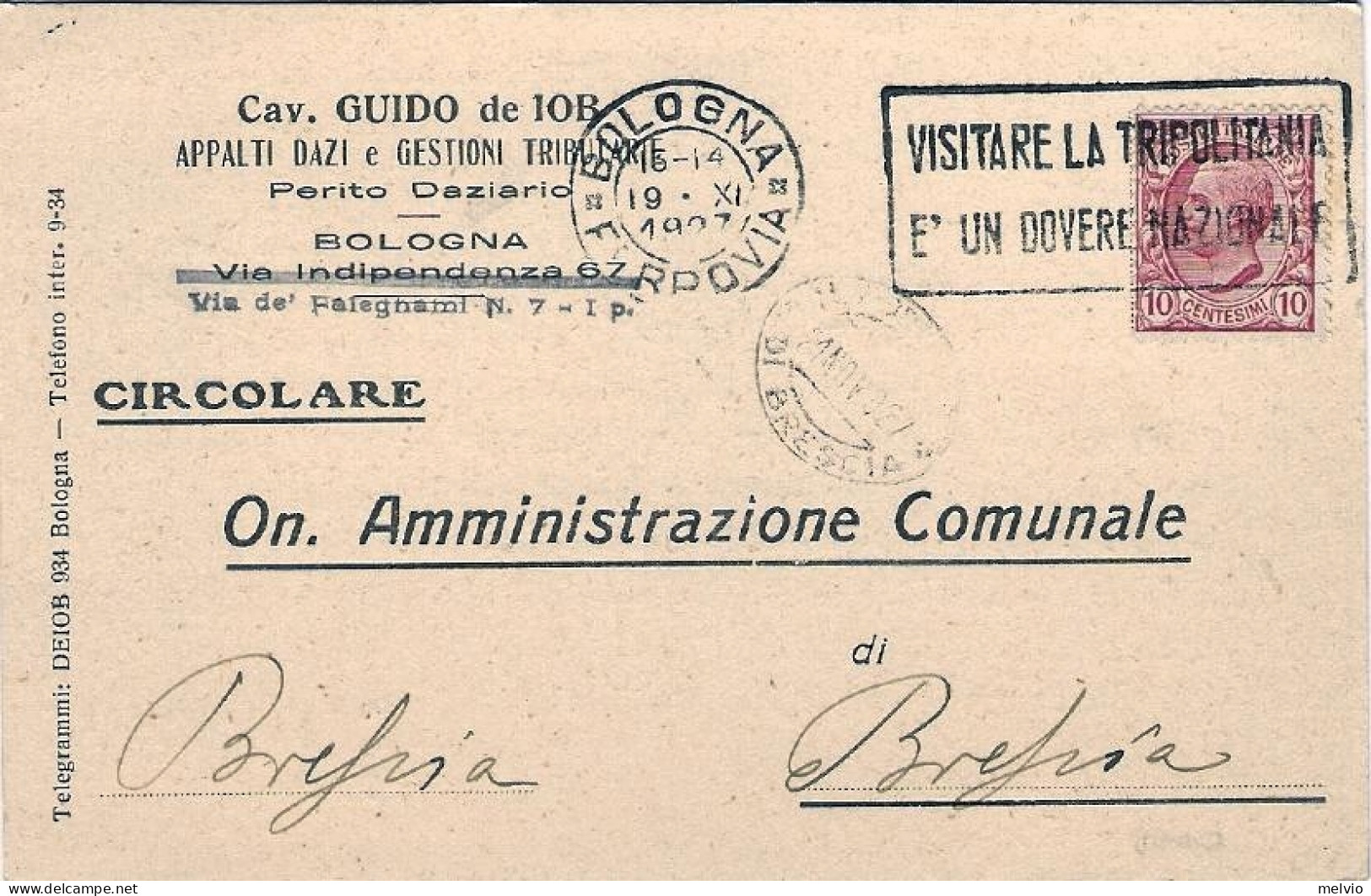 1927-cartolina Circolare A Stampa Affrancata 10c.Leoni,annullo Meccanico Visitat - Tripolitania
