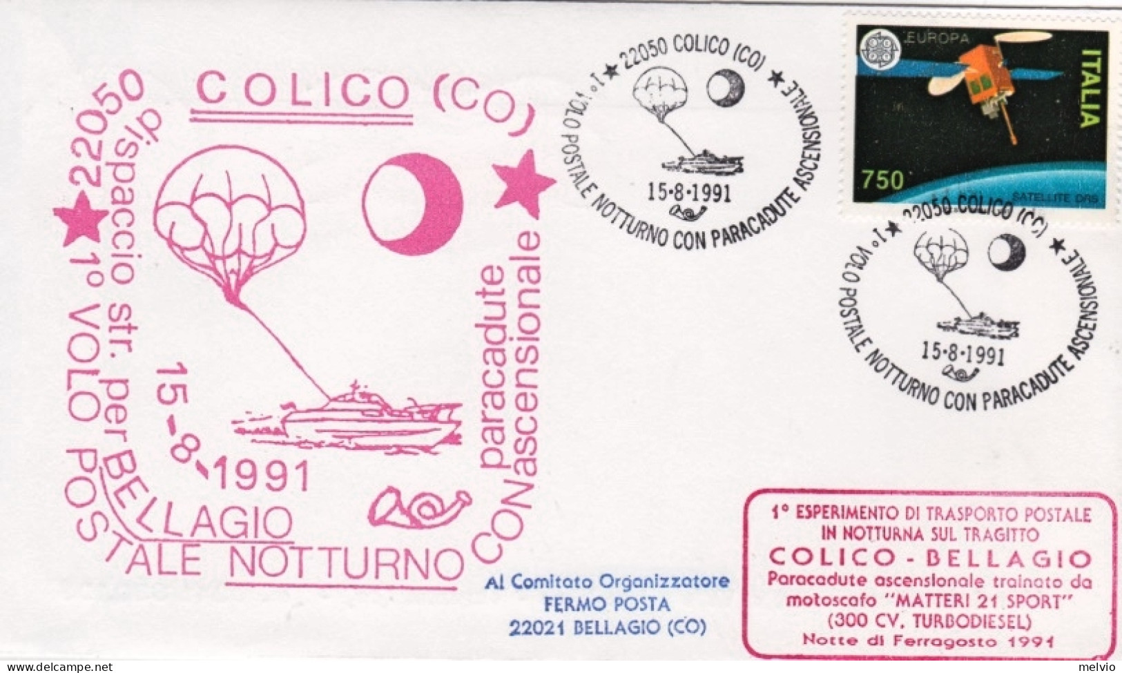 1991-Colico Bellagio (Como) I^volo Postale Notturno Con Paracadute Ascensionale - 1991-00: Marcophilie