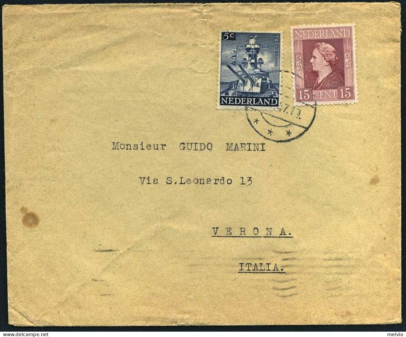 1947-Holland Nederland Olanda Lettera Per Verona Affrancata 5c.+15c.Regina Gugli - Storia Postale