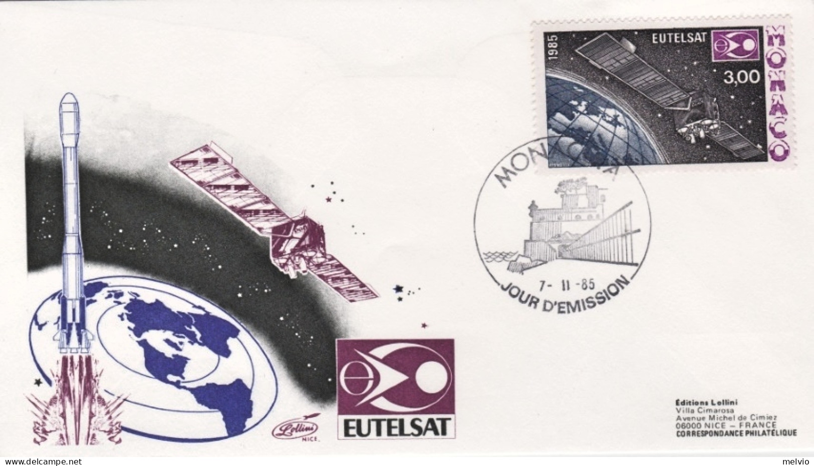 1985-Monaco Busta Fdc Commemorativa Lancio Eutelsat Dal Cosmodromo Di Kourou (Gu - FDC