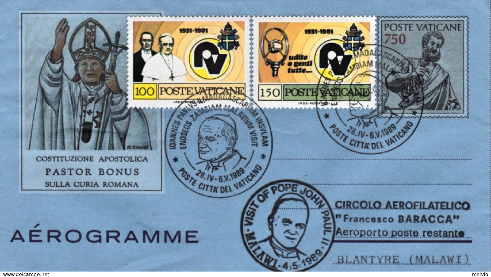 1989-Vaticano Blantyre (Malawi) Dispaccio Aereo Straordinario Del 28 Aprile, Cat - Poste Aérienne