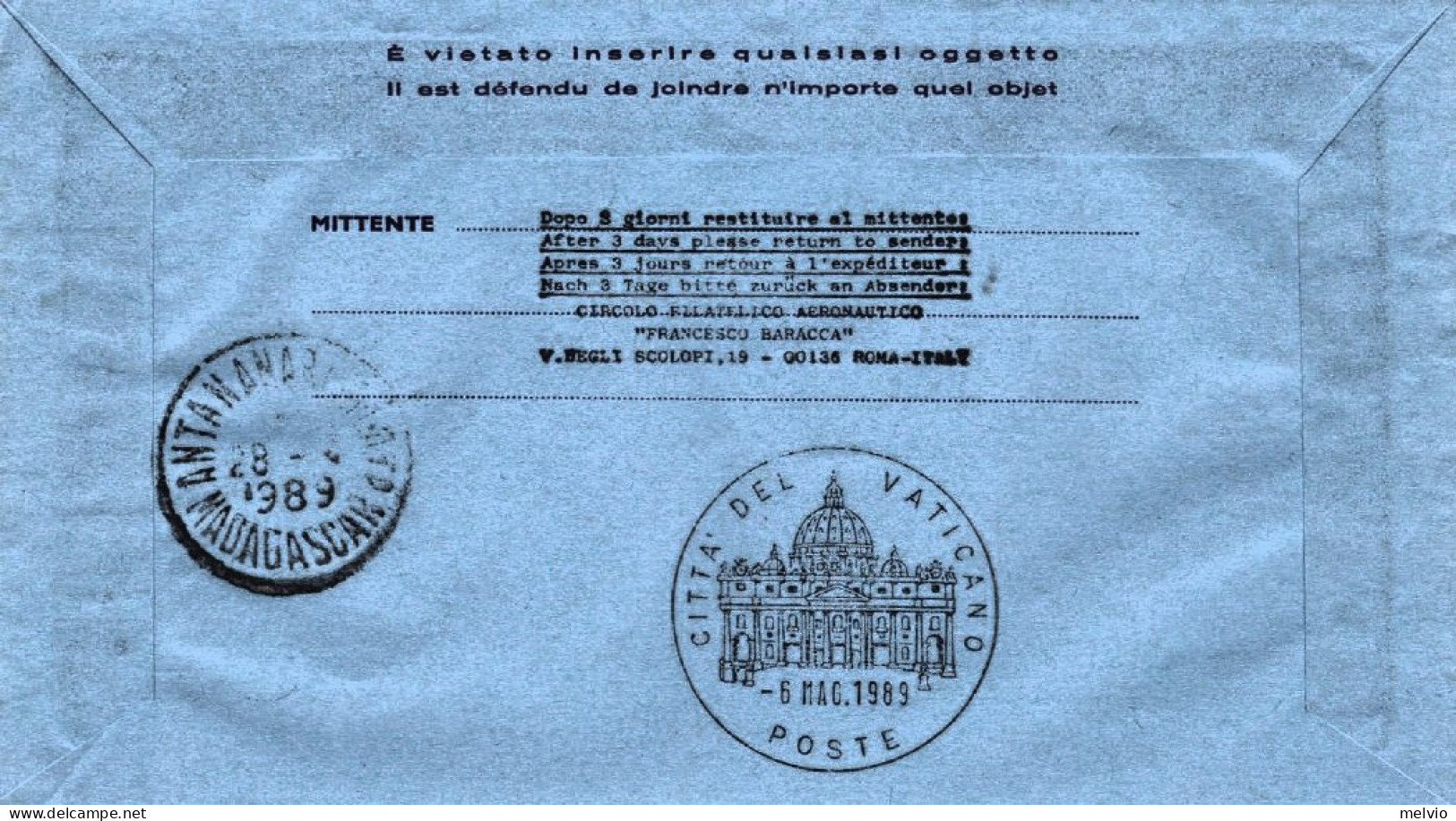 1989-Vaticano Antananarivo (Madagascar) Dispaccio Aereo Straordinario Del 28 Apr - Poste Aérienne