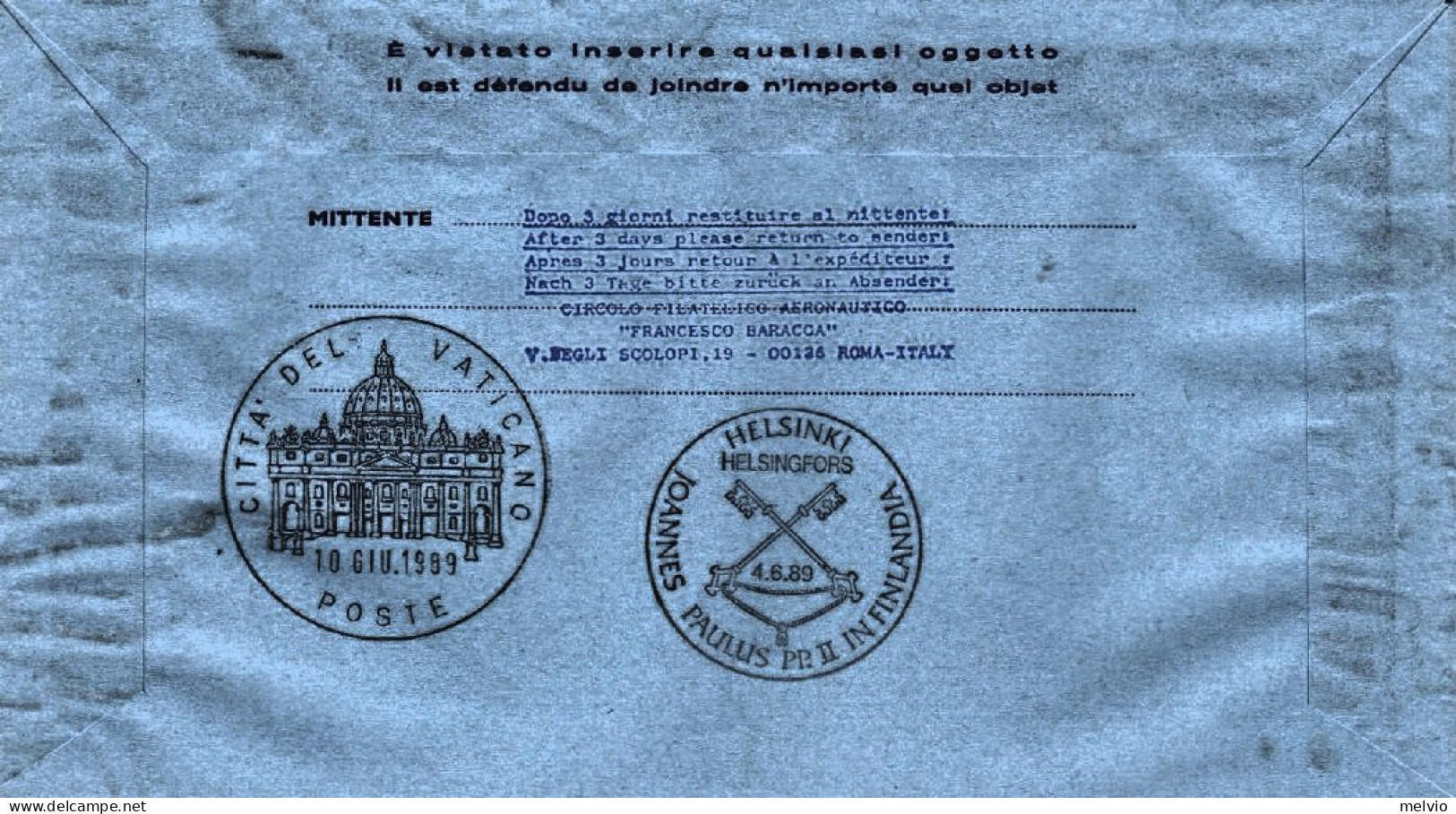 Vaticano-1989 Helsinki (Finlandia) Dispaccio Aereo Straordinario Del 1 Giugno, C - Luftpost