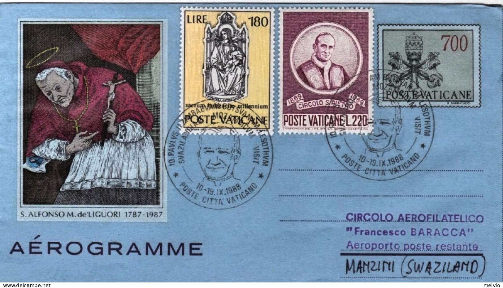 1988-Vaticano Manzini (Swaziland) Dispaccio Aereo Straordinario Del 10 Settembre - Poste Aérienne