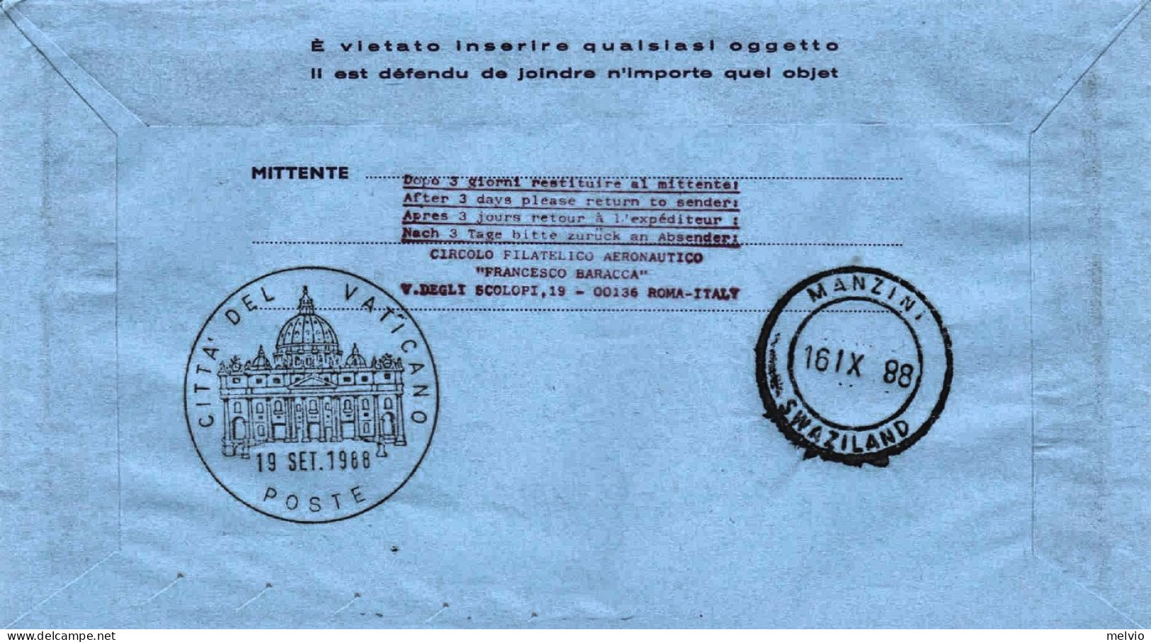 1988-Vaticano Manzini (Swaziland) Dispaccio Aereo Straordinario Del 10 Settembre - Poste Aérienne