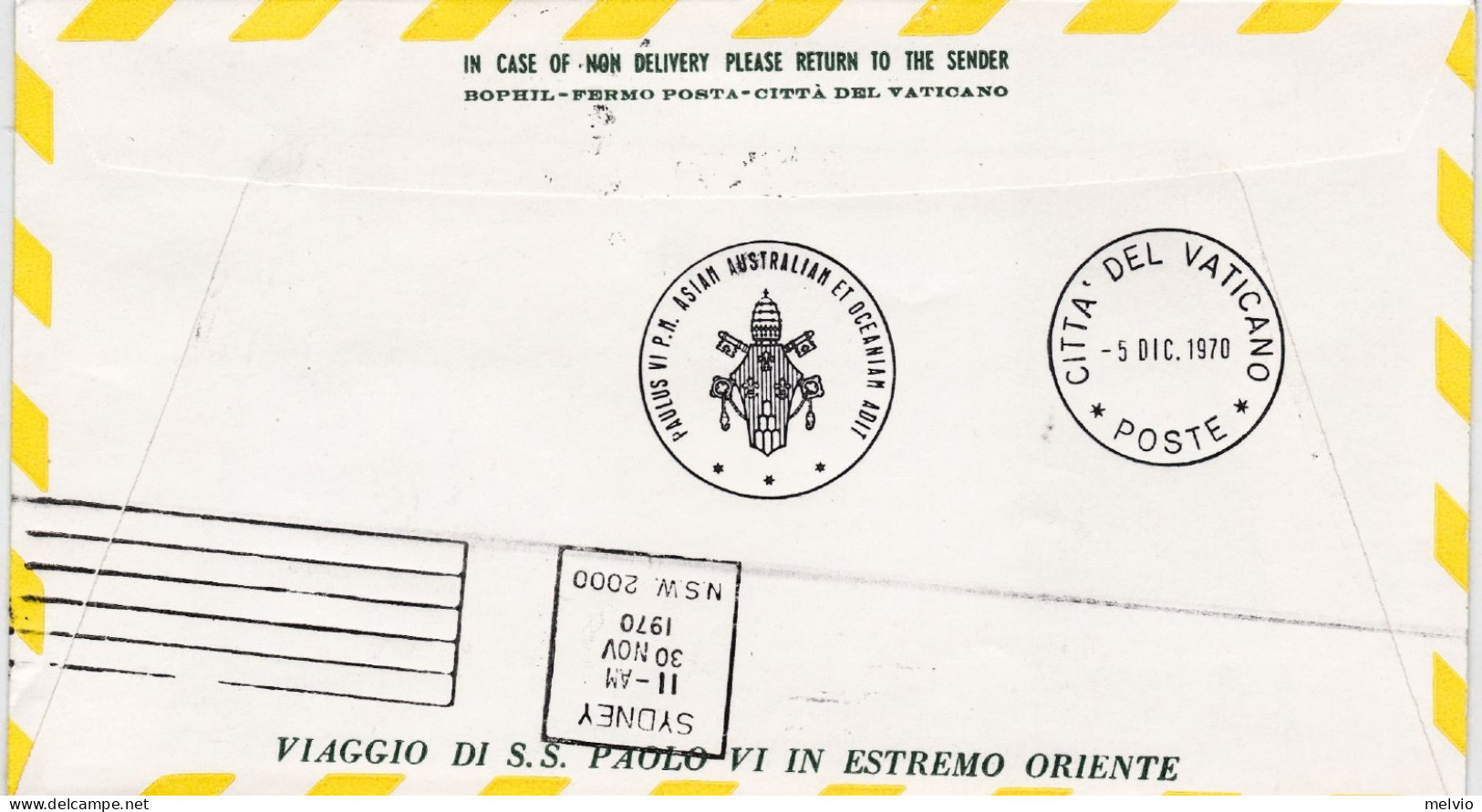 Vaticano-1970 Dispaccio Speciale Sydney Australia Viaggio Papale Sua Santita' Pa - Luchtpostbladen