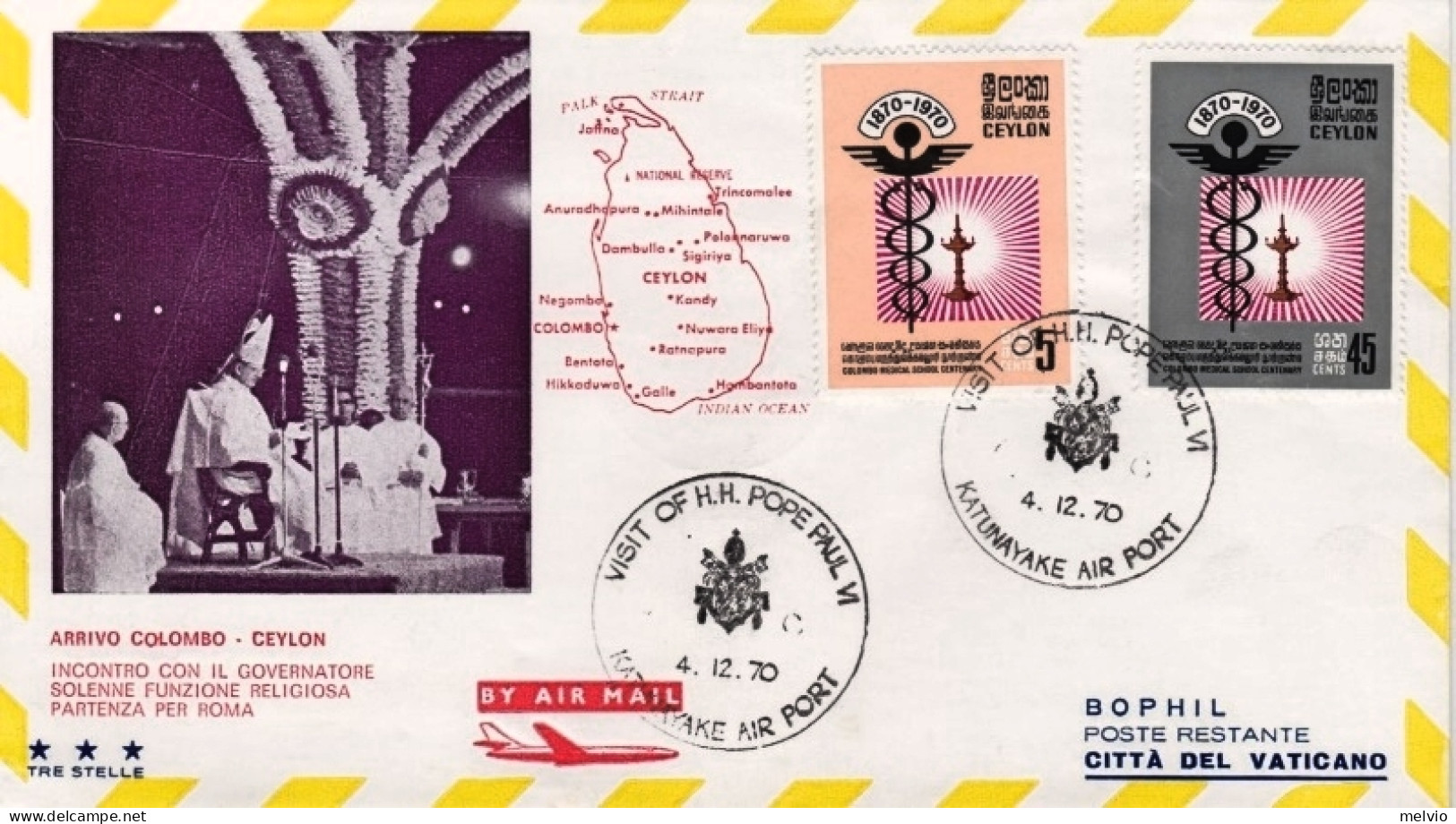 1970-Ceylon Visita Paolo VI^volo Per Roma Del 4 Dicembre Cat.Pellegrini N.2291 E - Aéreo