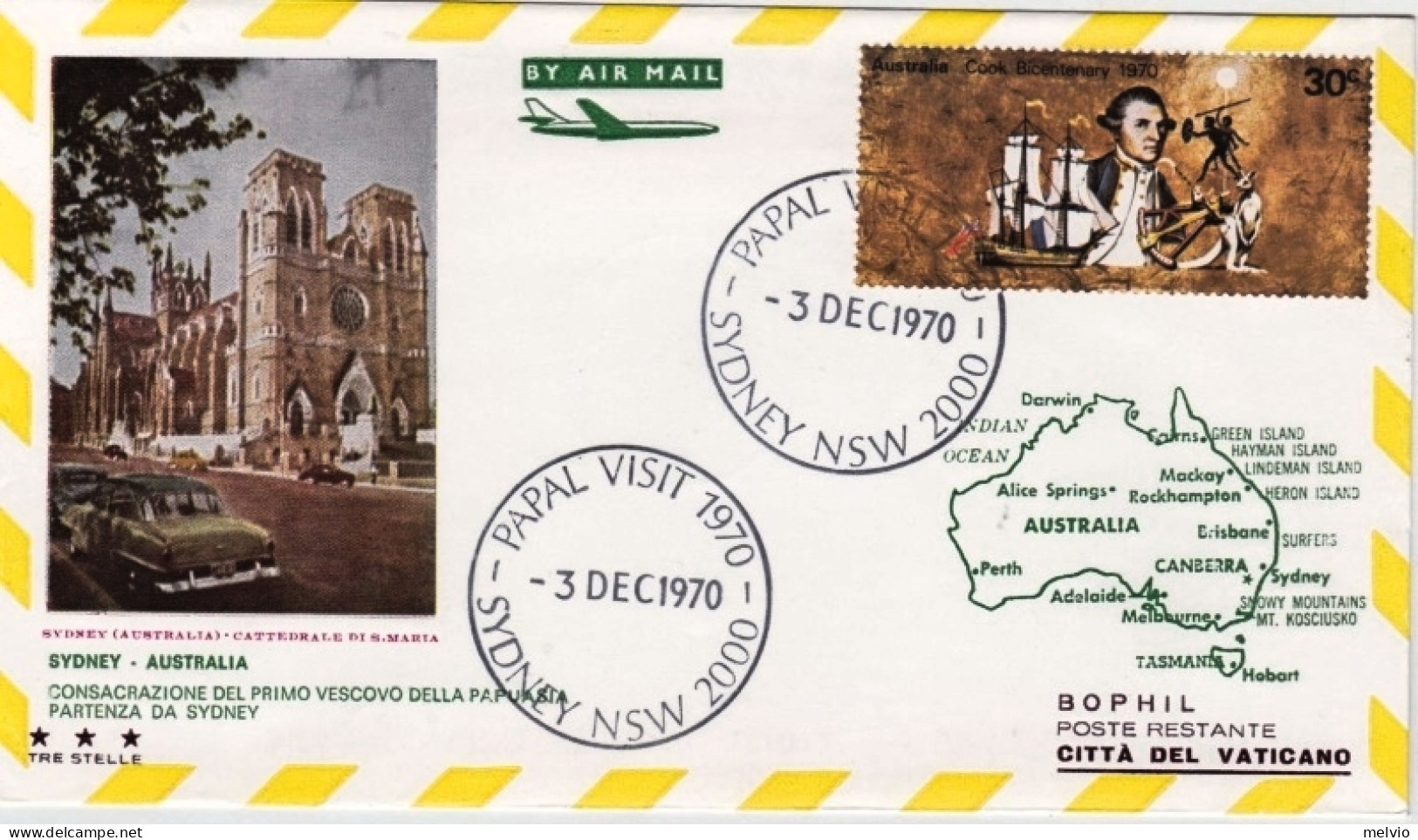 1970-Australia Dispaccio Dall'Australia Visita Paolo VI^volo Sidney Roma Del 3 D - Luchtpostbladen