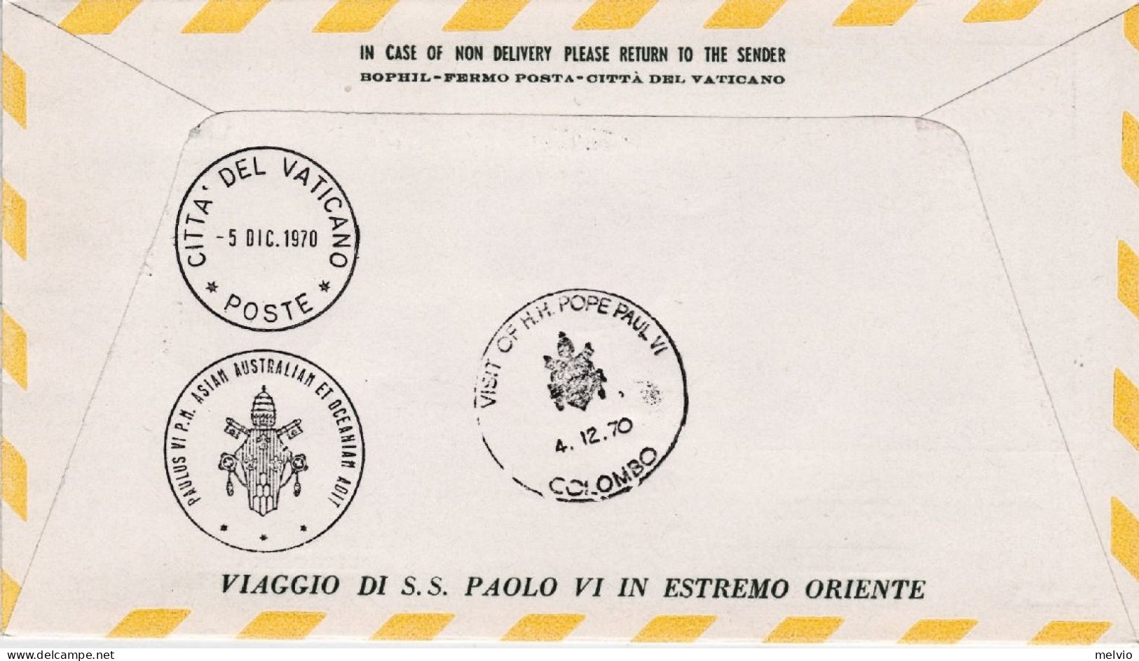 1970-Vaticano Colombo Ceylon S.S. Paolo VI In Estremo Oriente Busta Viaggiata - Luftpost