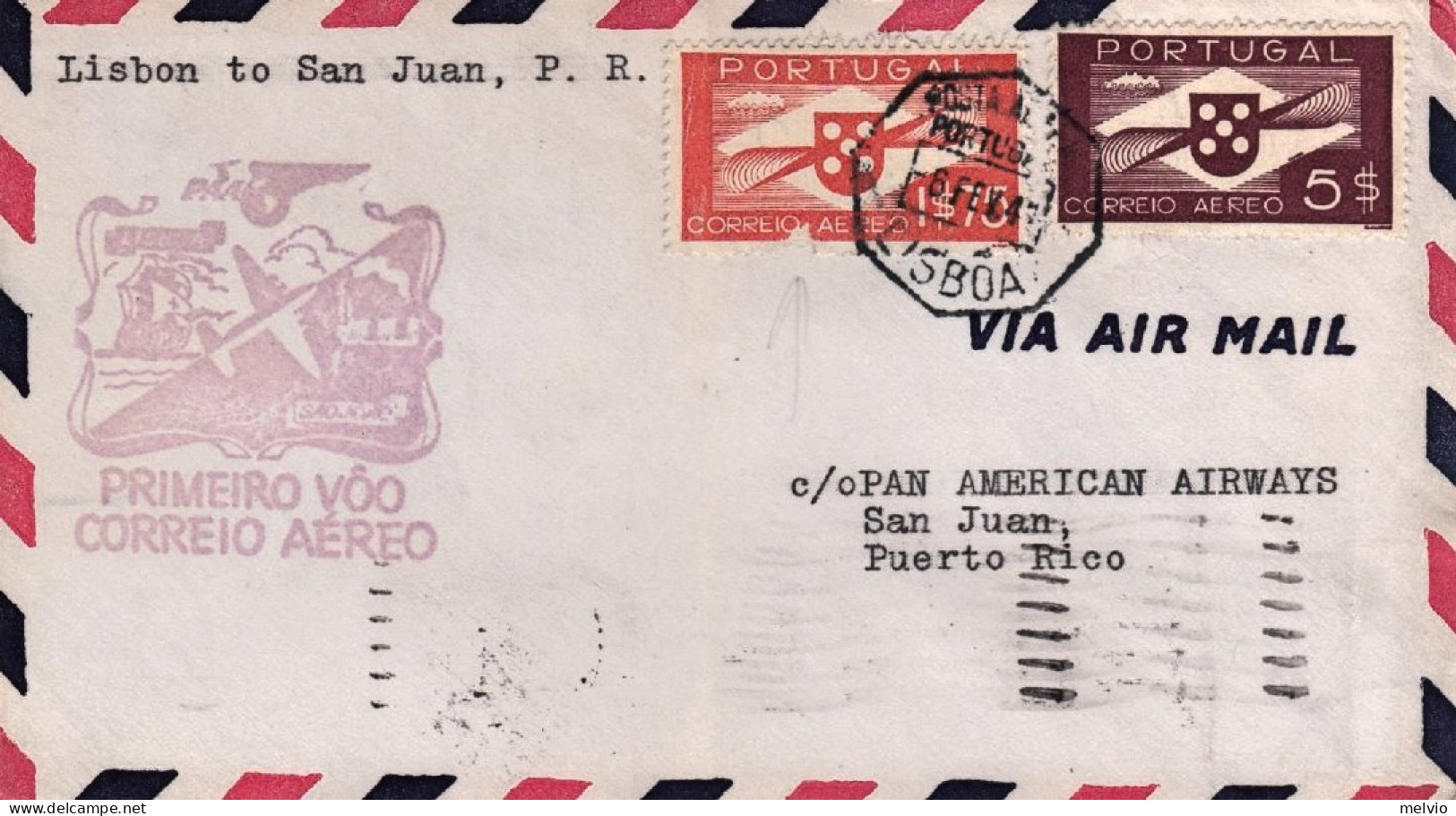 1941-Portogallo I Flight Cover Lisbon-San Juan Puerto Rico Del 6 Feb. (un Franco - Poststempel (Marcophilie)