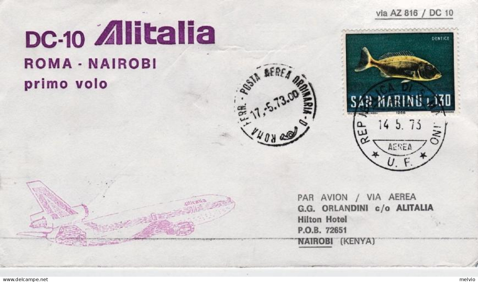 San Marino-1973 I^volo Alitalia DC10 Roma-Nairobi Del 17 Maggio, Al Verso Affran - Luchtpost