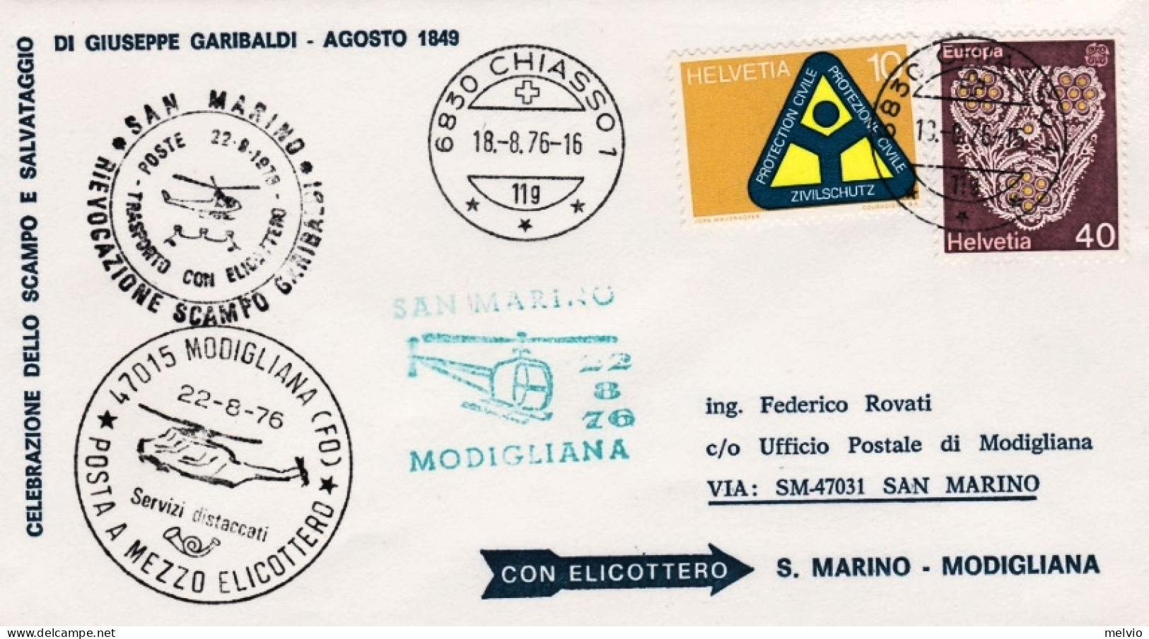 1976-Svizzera Commemorativo Rievocazione Garibaldina Volo Per Elicottero San Mar - Erst- U. Sonderflugbriefe