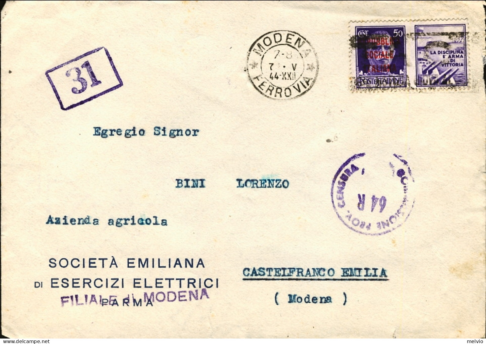 1944-RSI Propaganda Di Guerra 50c.soprastampato (cat.Sassone Euro 400) Su Busta  - Poststempel