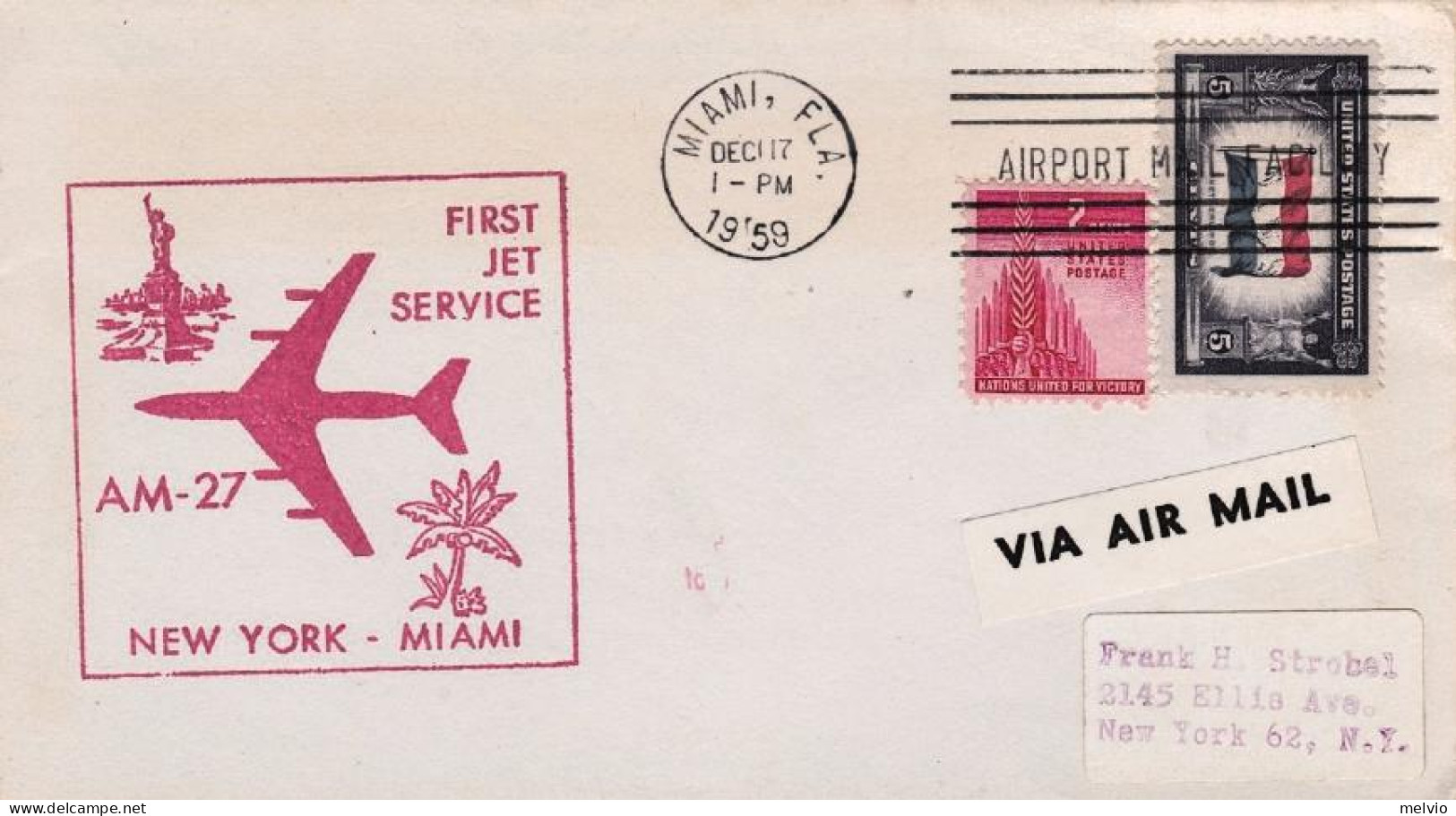 1959-U.S.A. First Jet Service AM-27 New York Miami - 2c. 1941-1960 Storia Postale