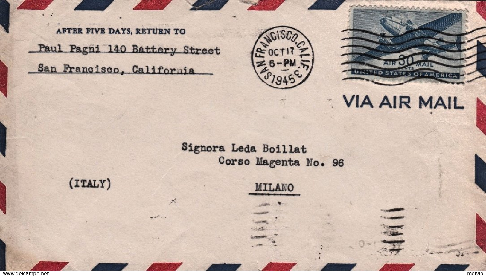 1945-U.S.A. Diretto A Milano Con Volo Da San Francisco In Data 17 Ottobre - Postal History