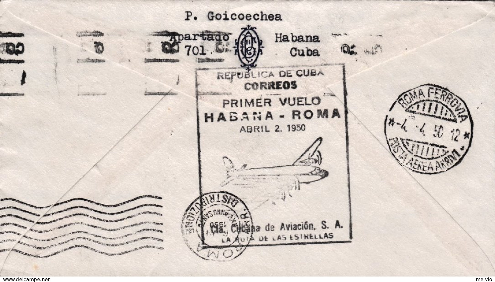 1950-Cuba (cat.Pellegrini N.357 Euro 250) Primer Vuelo Directo La Habana Roma La - Autres & Non Classés