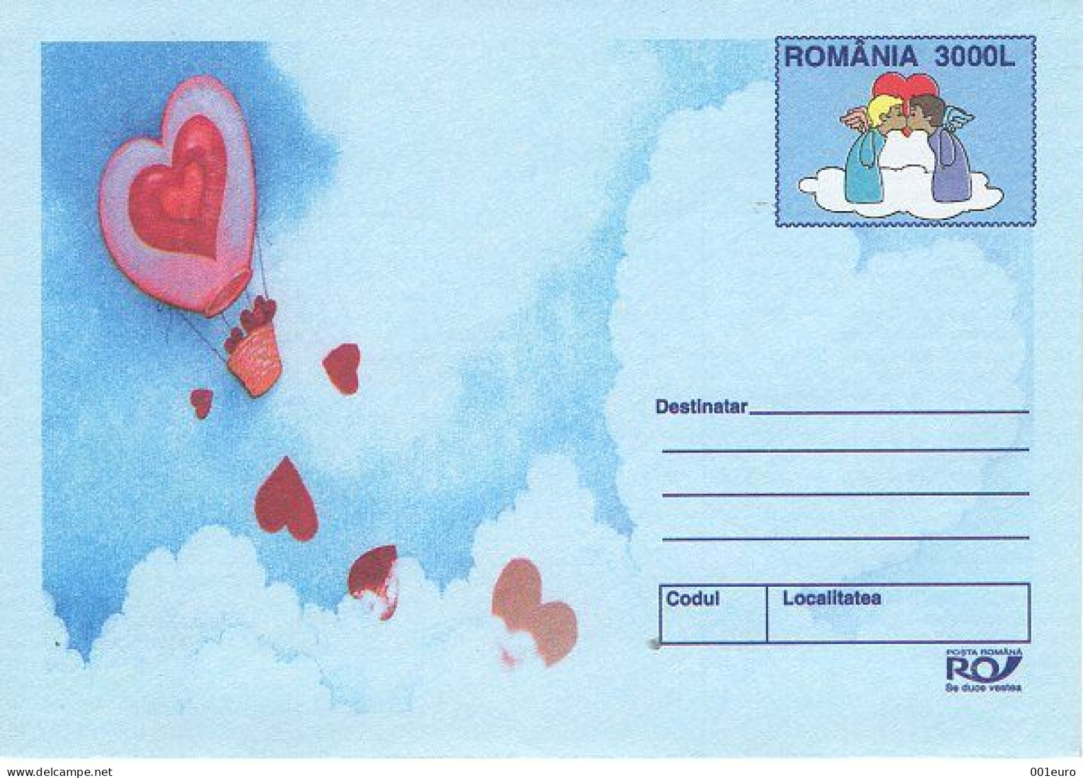 ROMANIA 011x2003: LOVE, HEARTS, KISSING ANGELS, Unused Prepaid Postal Stationery Cover - Registered Shipping! - Postal Stationery