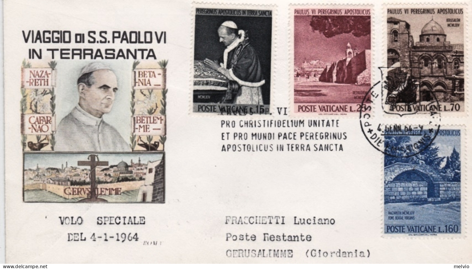 Vaticano-1964 I^volo Di S.S. Paolo VI Vaticano Amman Posta Proseguita Per Gerusa - Jordania